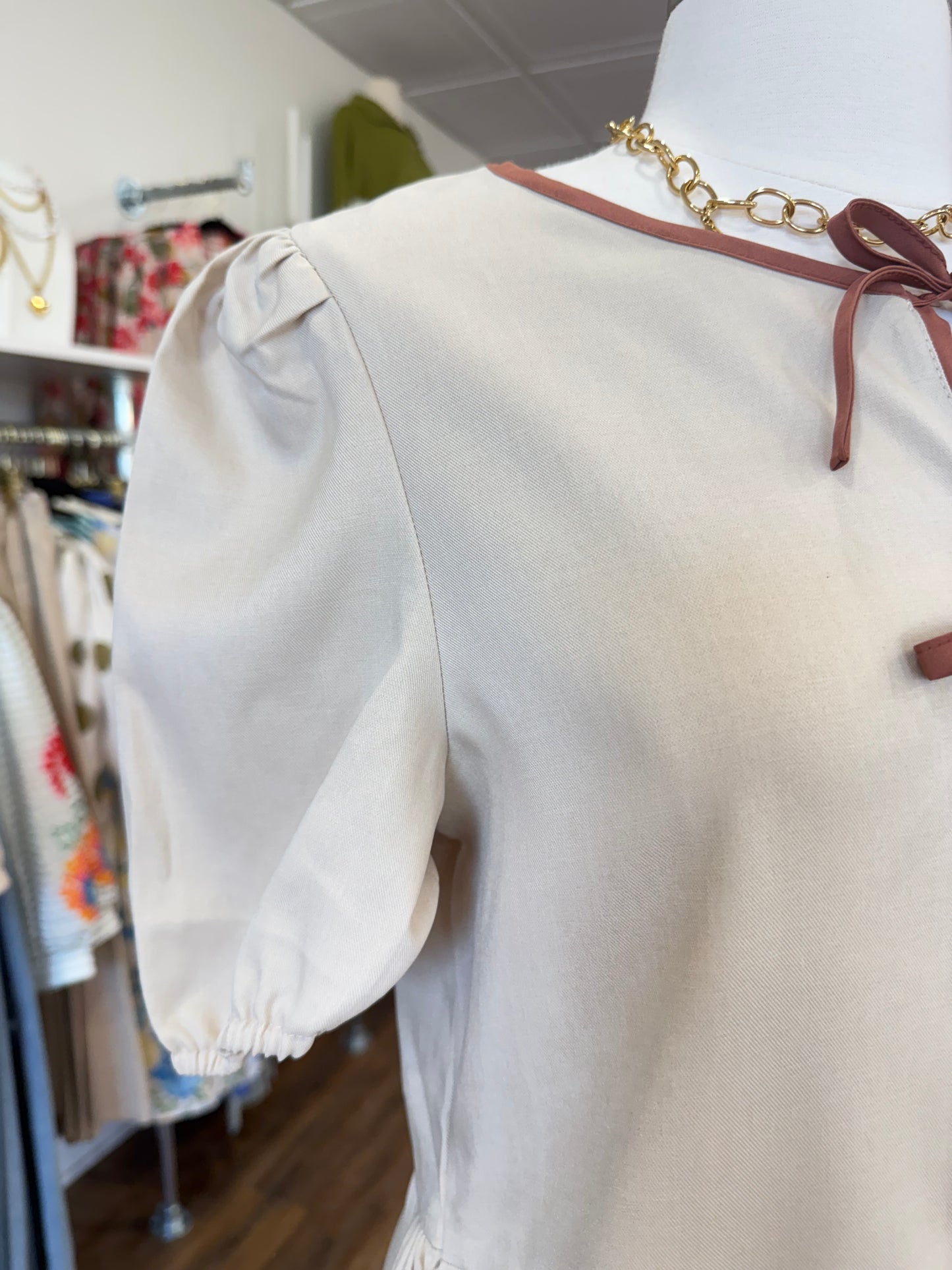LS- Khaki Bow Puff Top