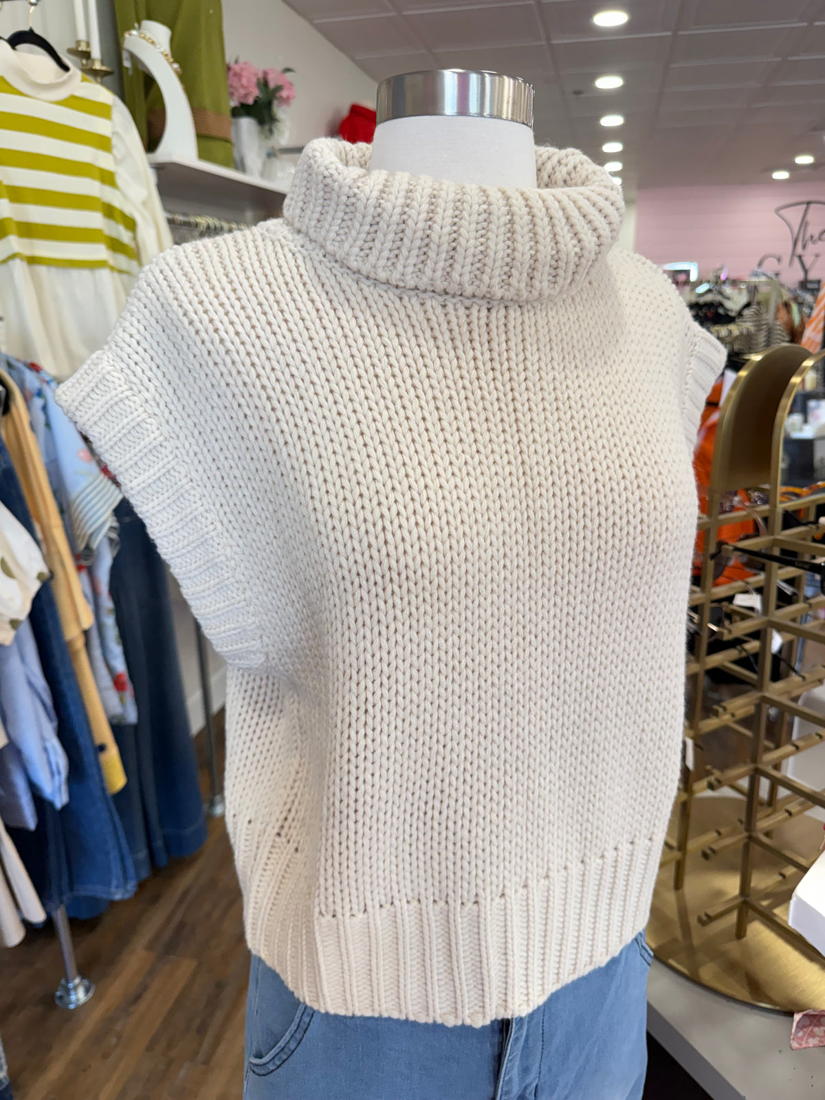 D+M- Ecru Sleeveless Turtleneck Top