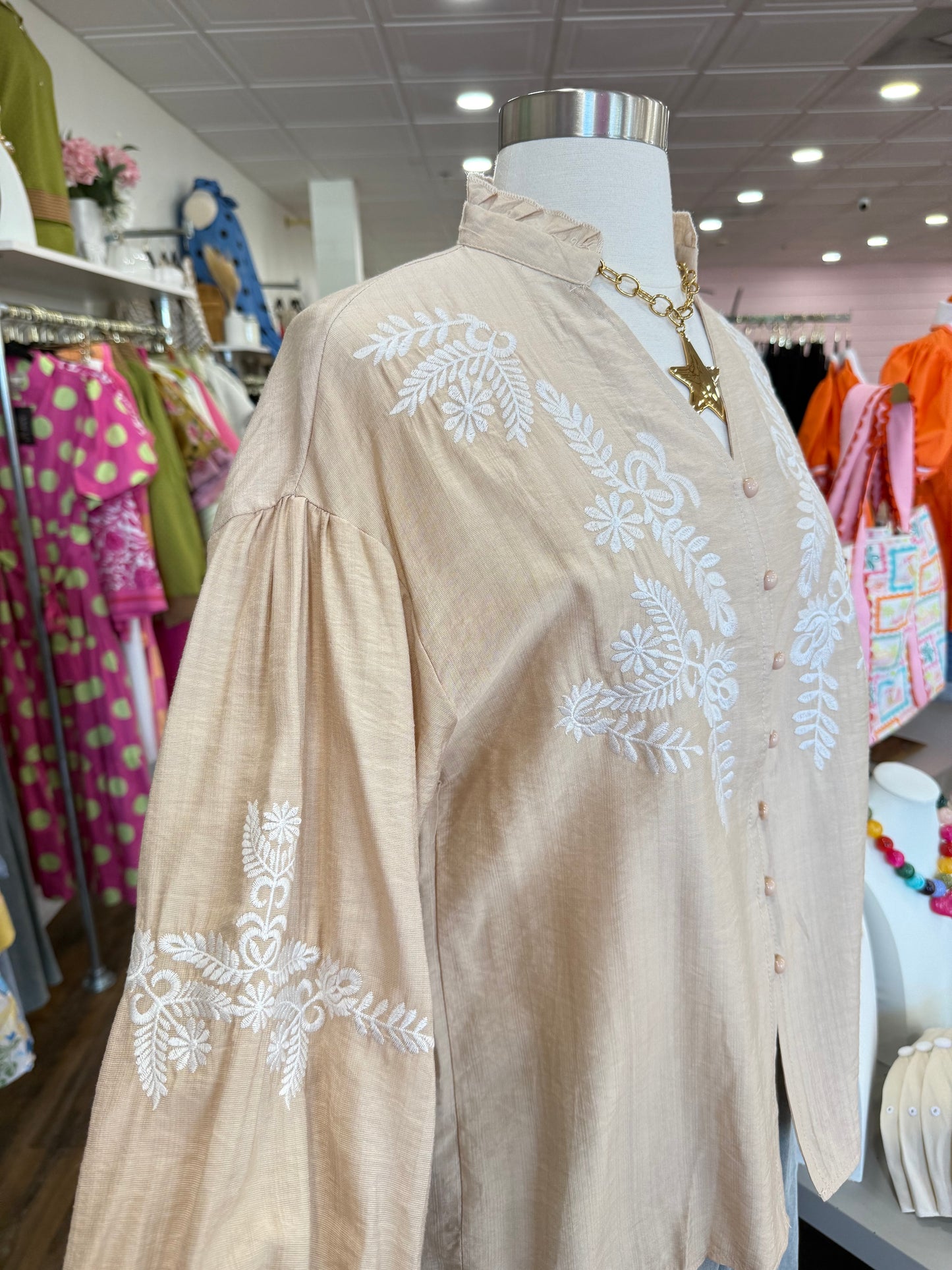 LS- Apricot Boho Embroidered Top