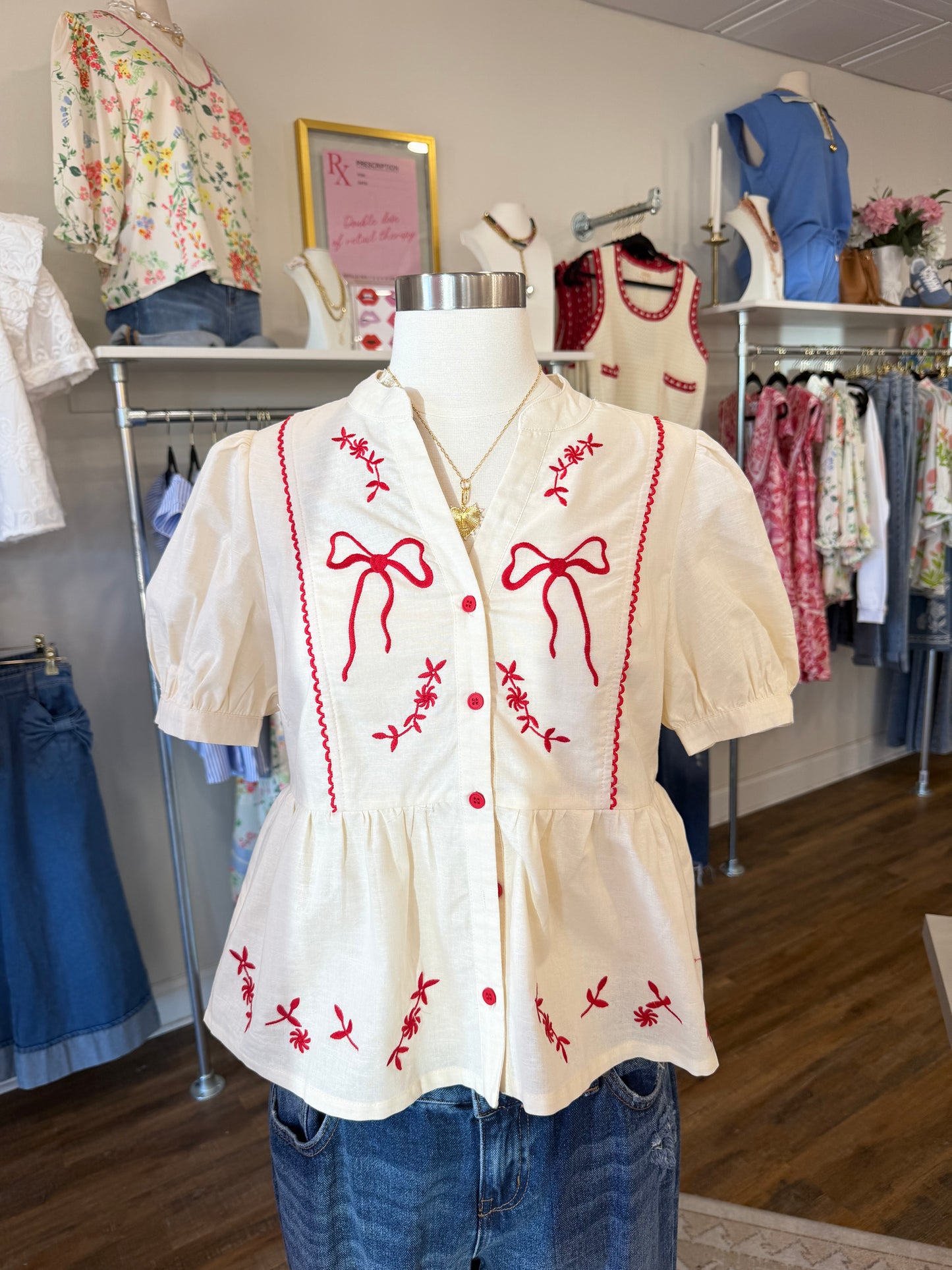 Listicle- Ivory Embroidered Bow Detail Blouse