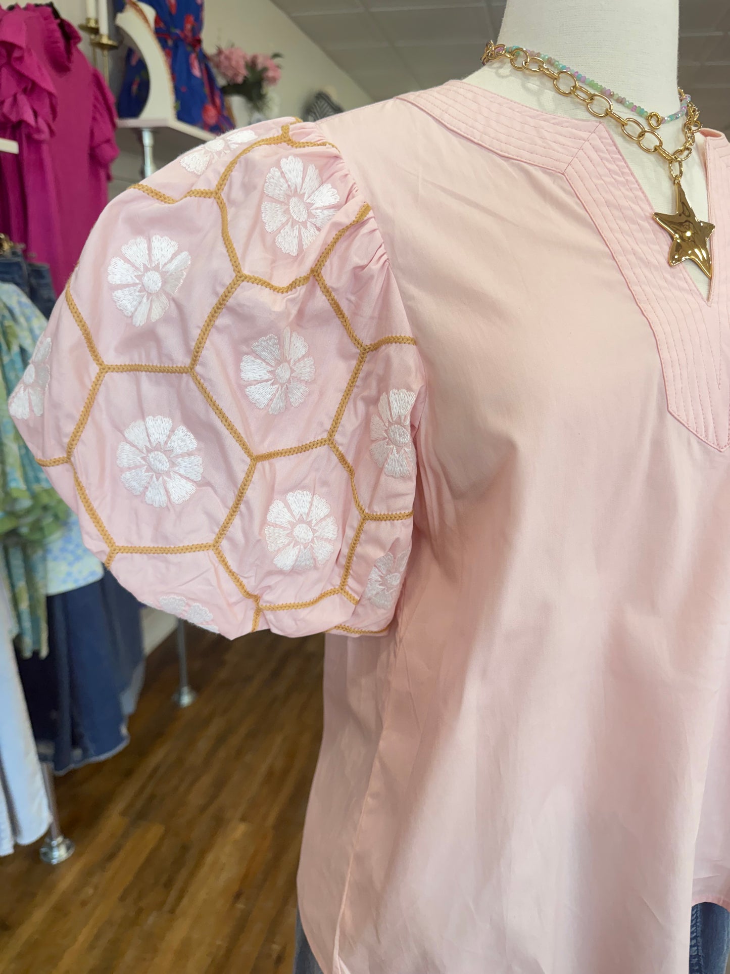 Oddi- Blush V-Neck with Puff Sleeves