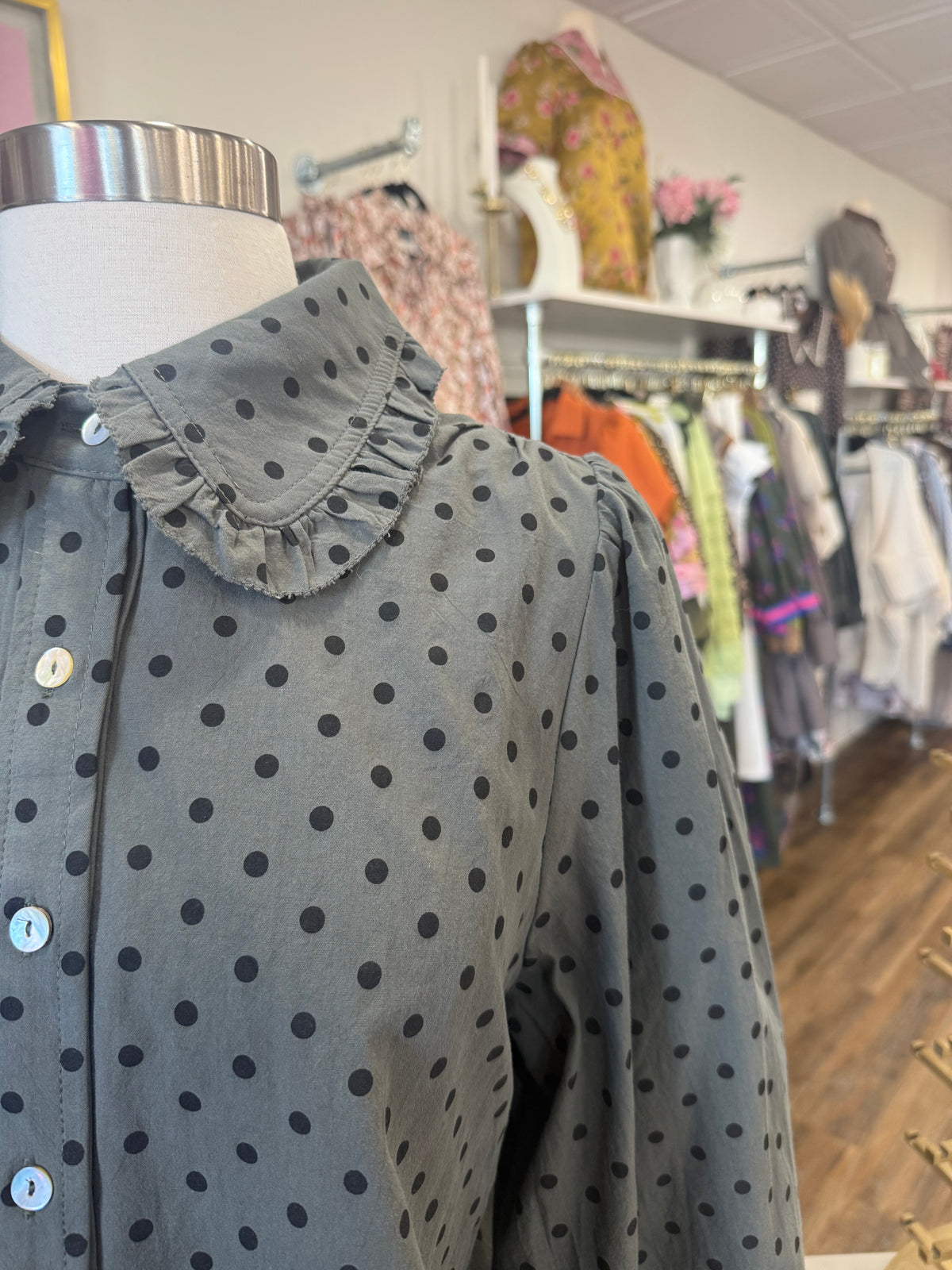Jodifl- Hunter Green Polka Dot Top