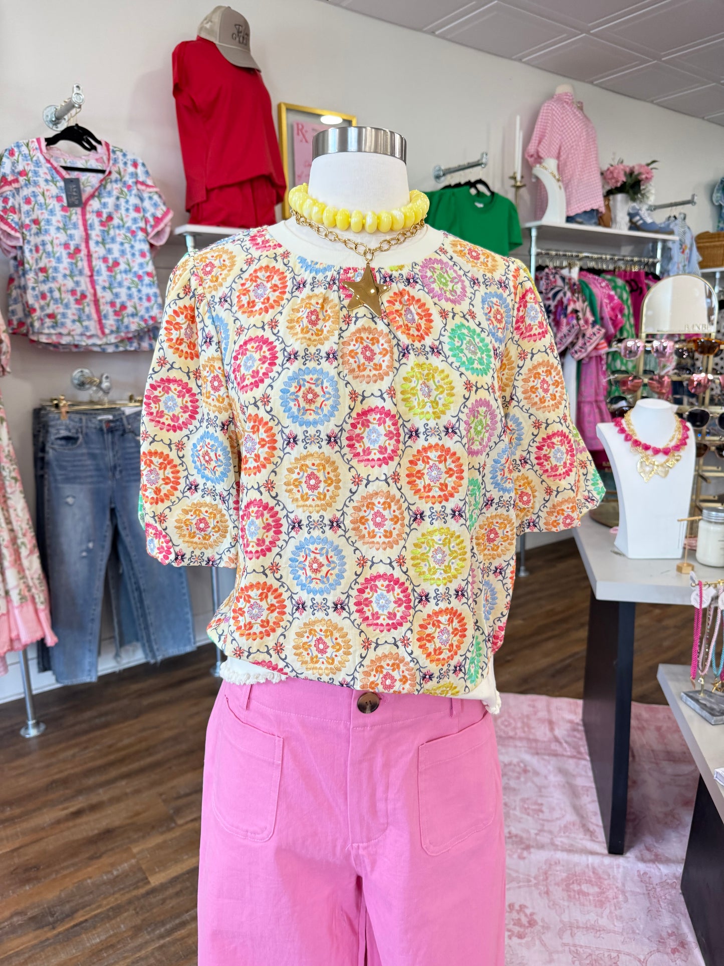 VOY- Floral Embroidered Bubble Top