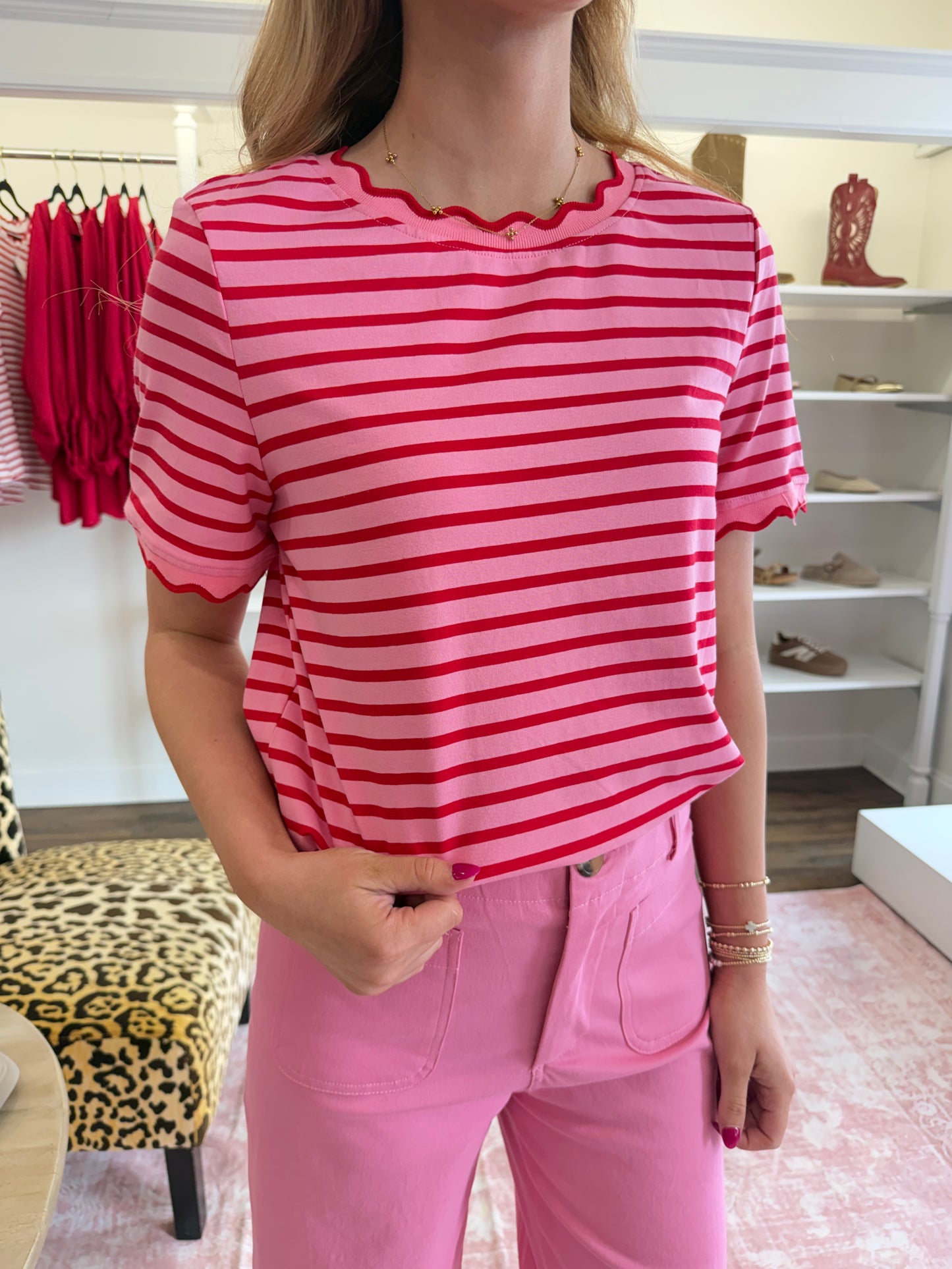 Aapparella- Pink Stripe Scalloped Top