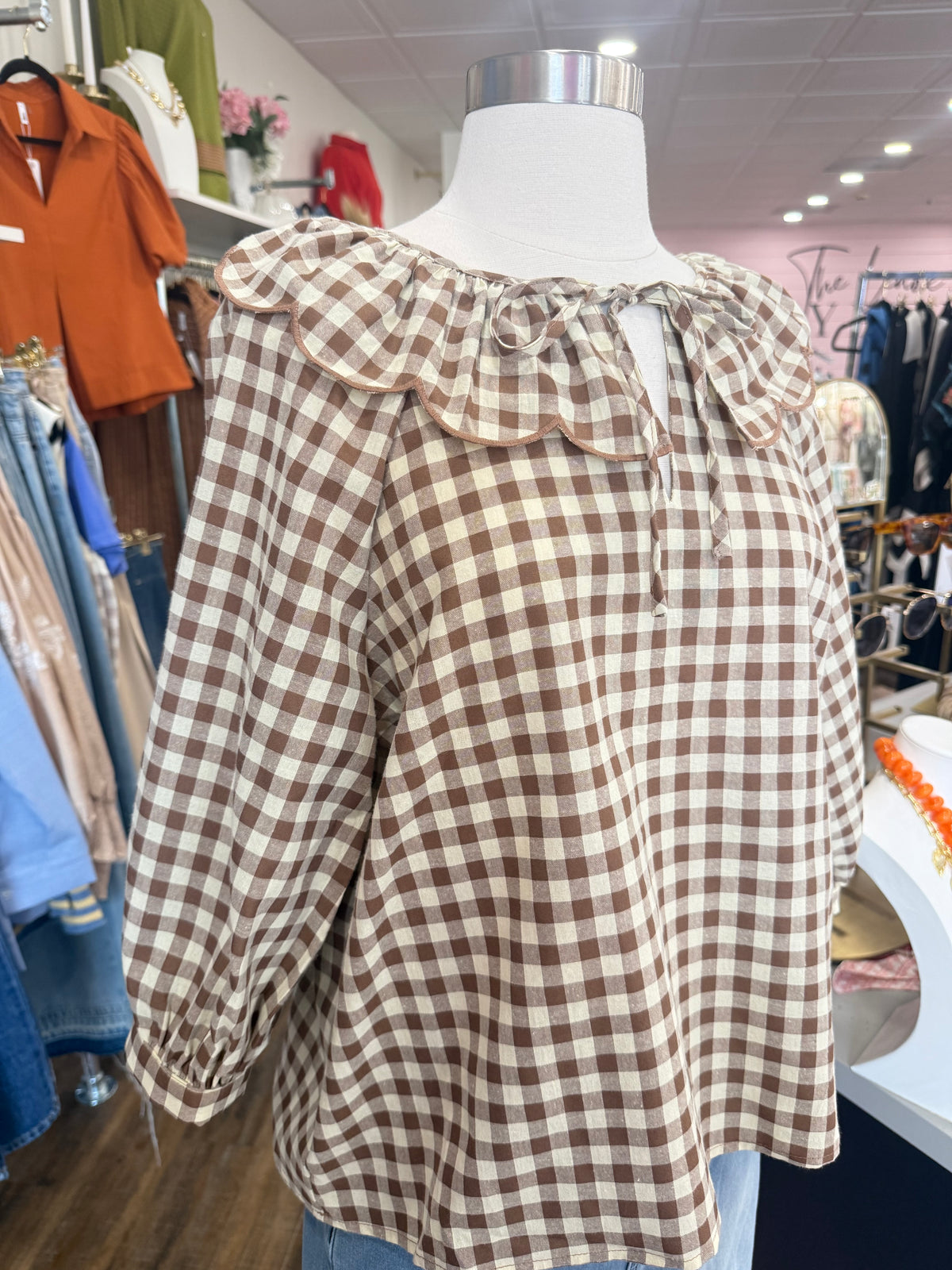D+M- Brown Gingham Scalloped Collar Top