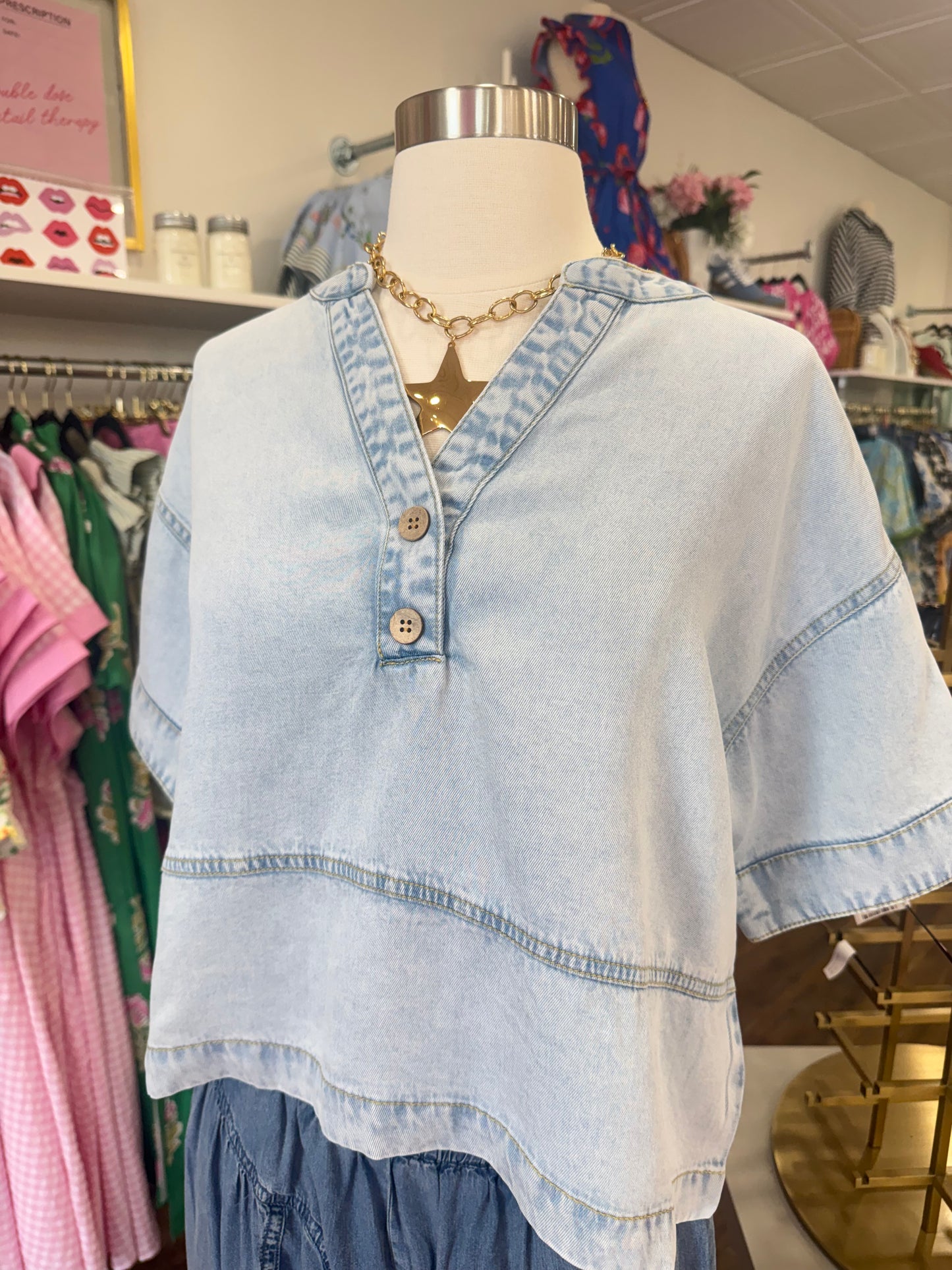 BP- Washed Denim Short Sleeve Top