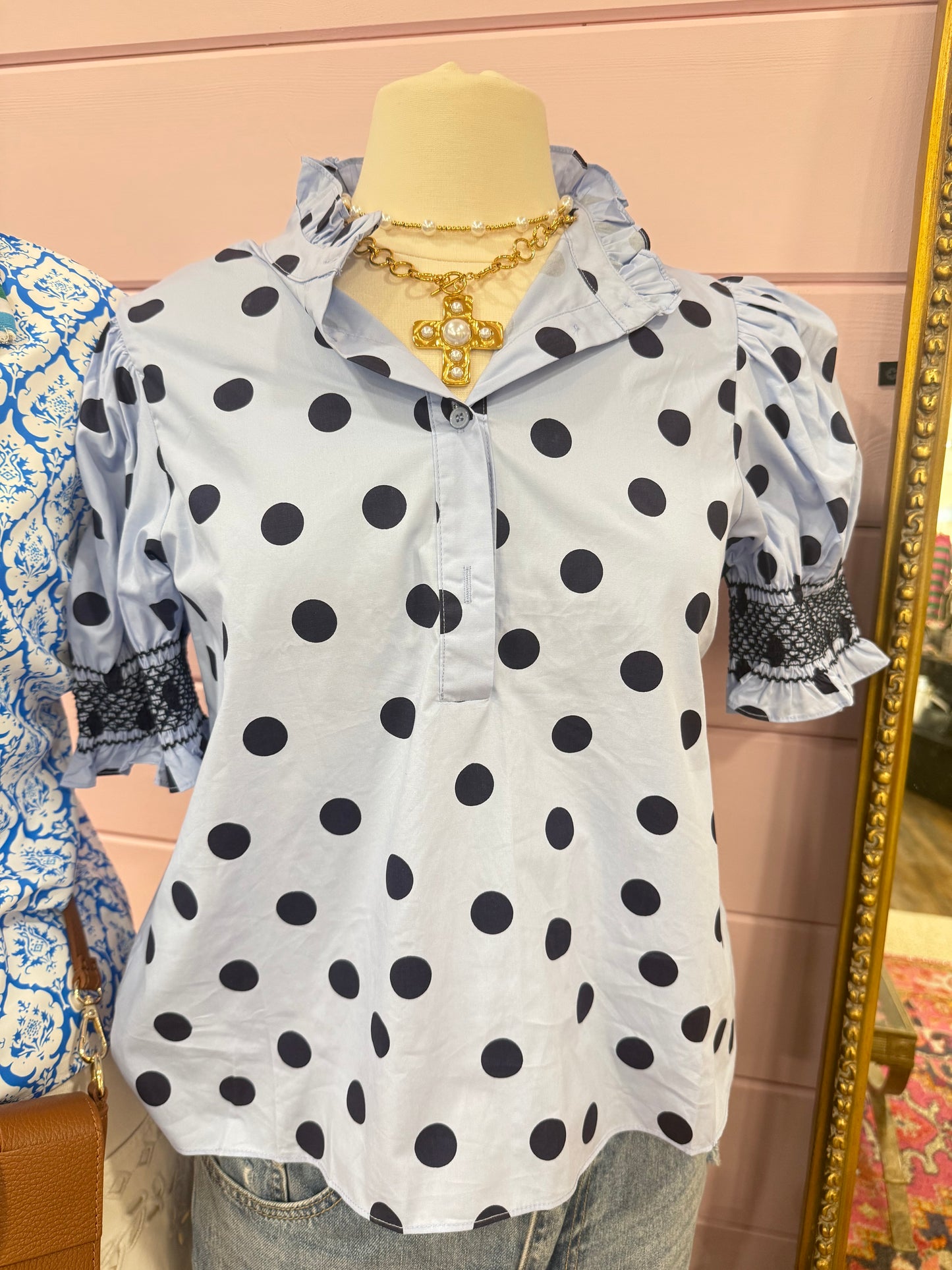 Glam- Blue Polka Dot Blouse