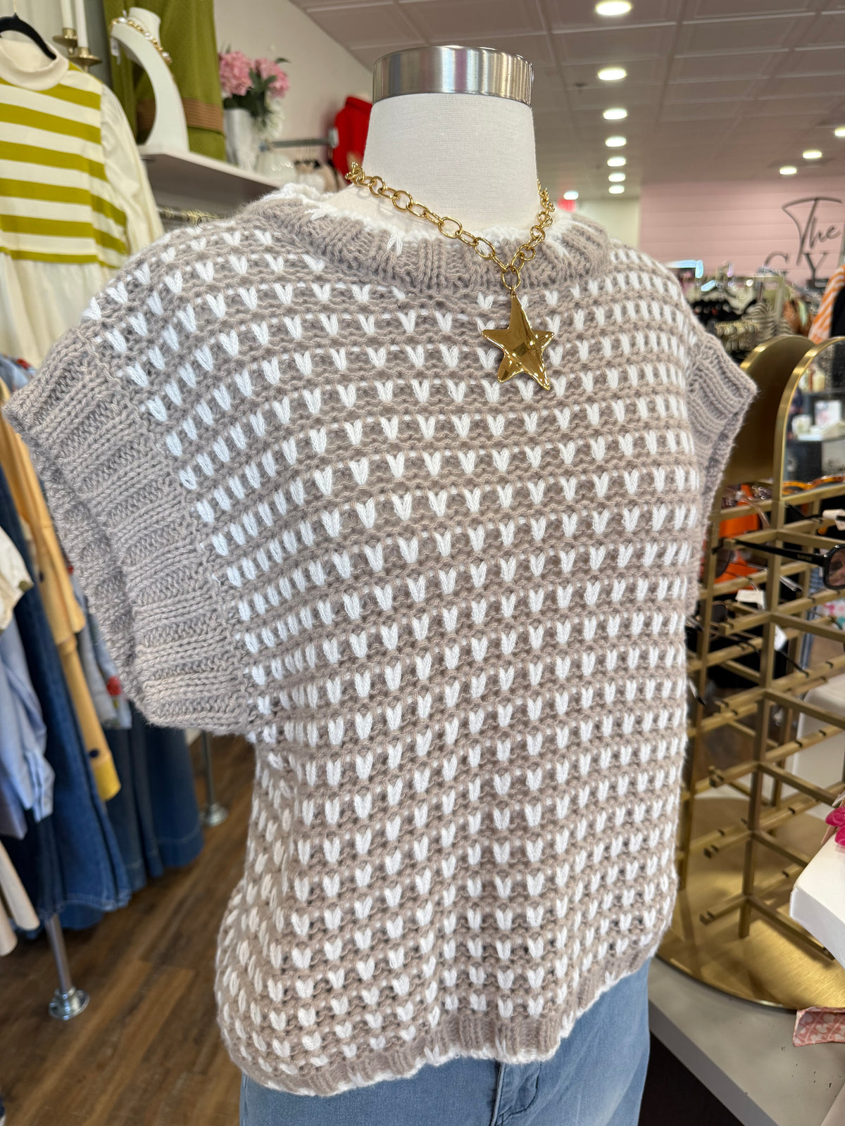 Wellmade- Taupe Scallop Sleeveless Sweater Top