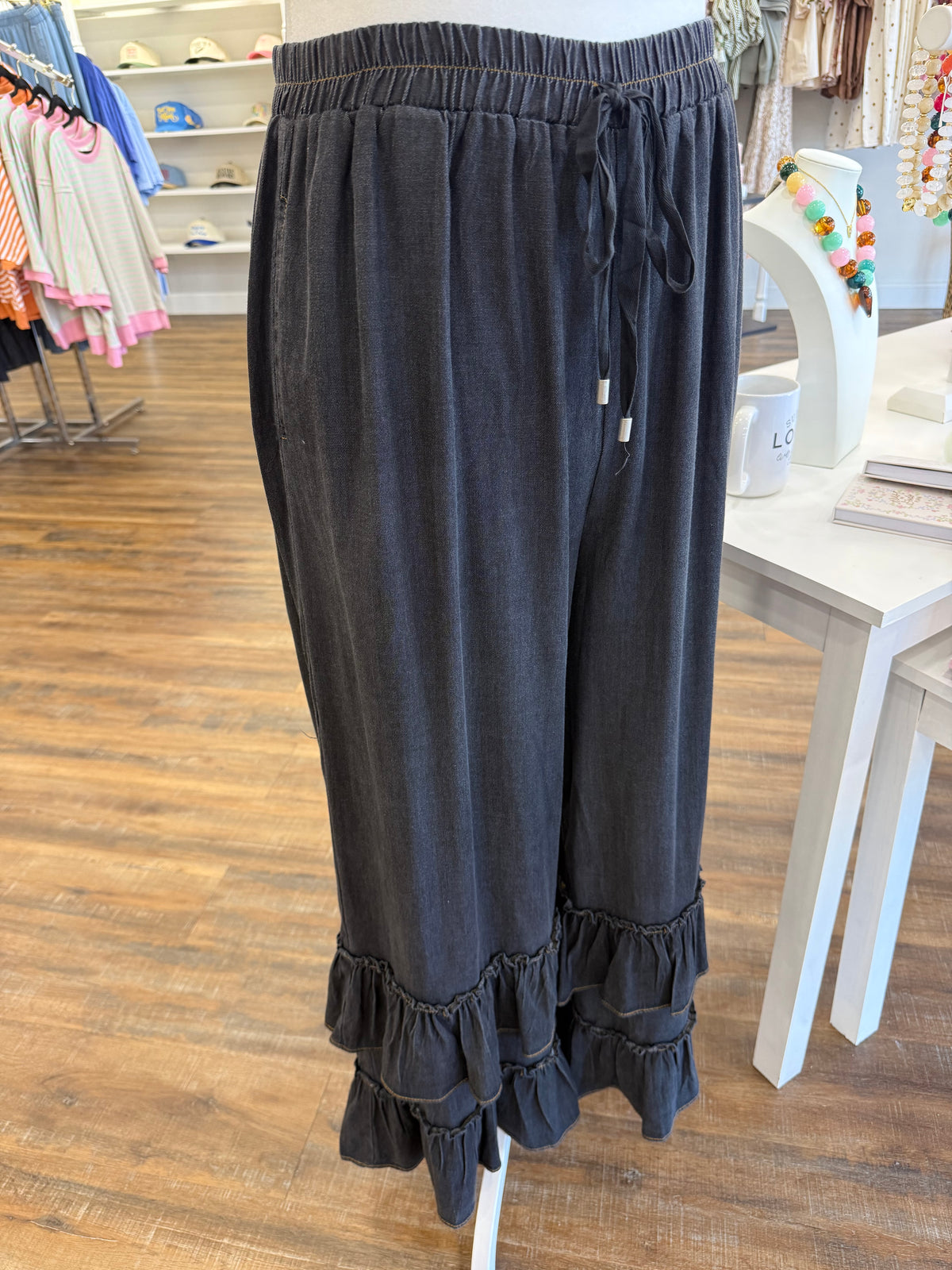 Oddi- Plus Washed Black Chambray Ruffle Pants