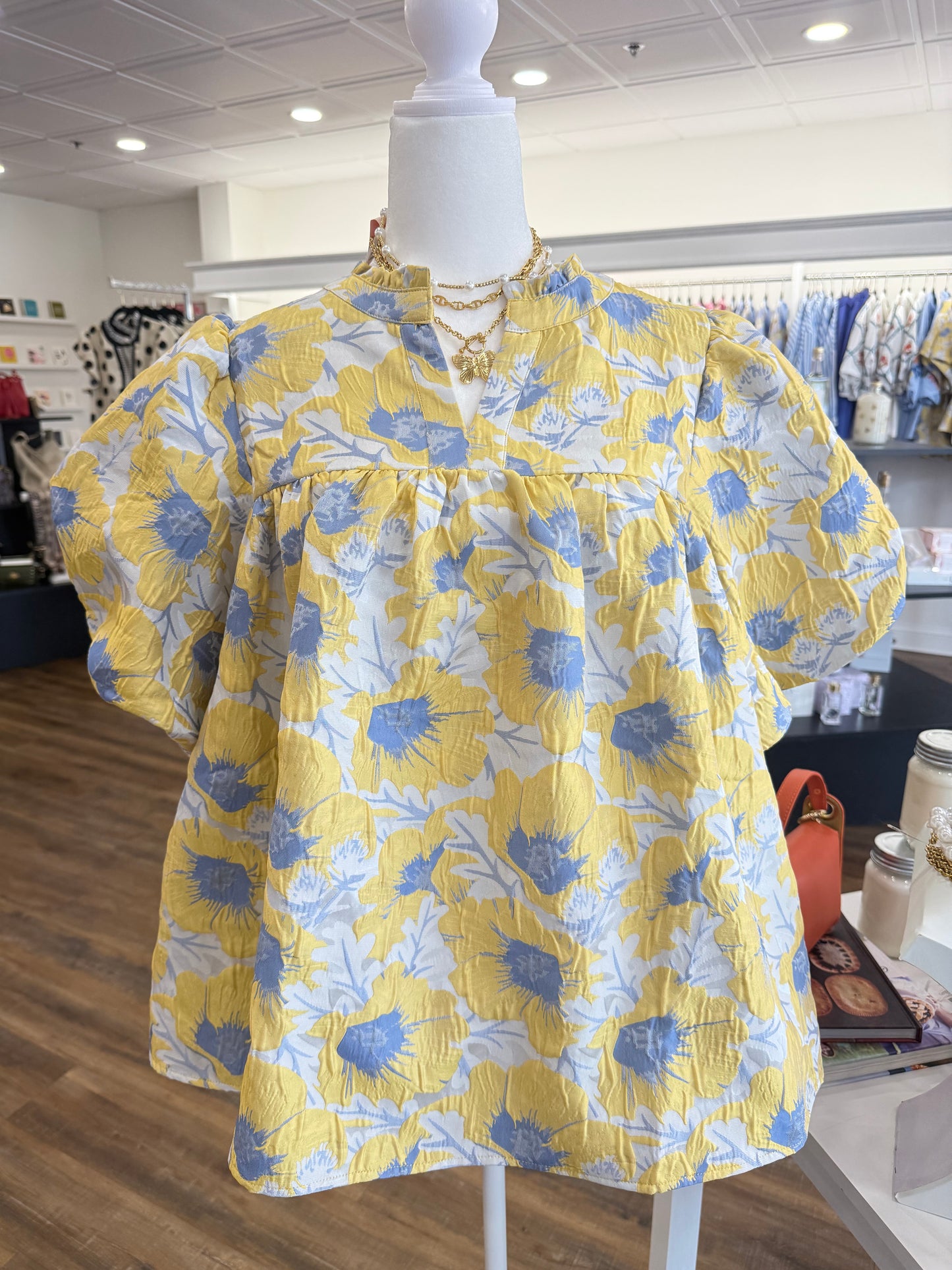 Oddi- Yellow Blue Floral Jacquard Top