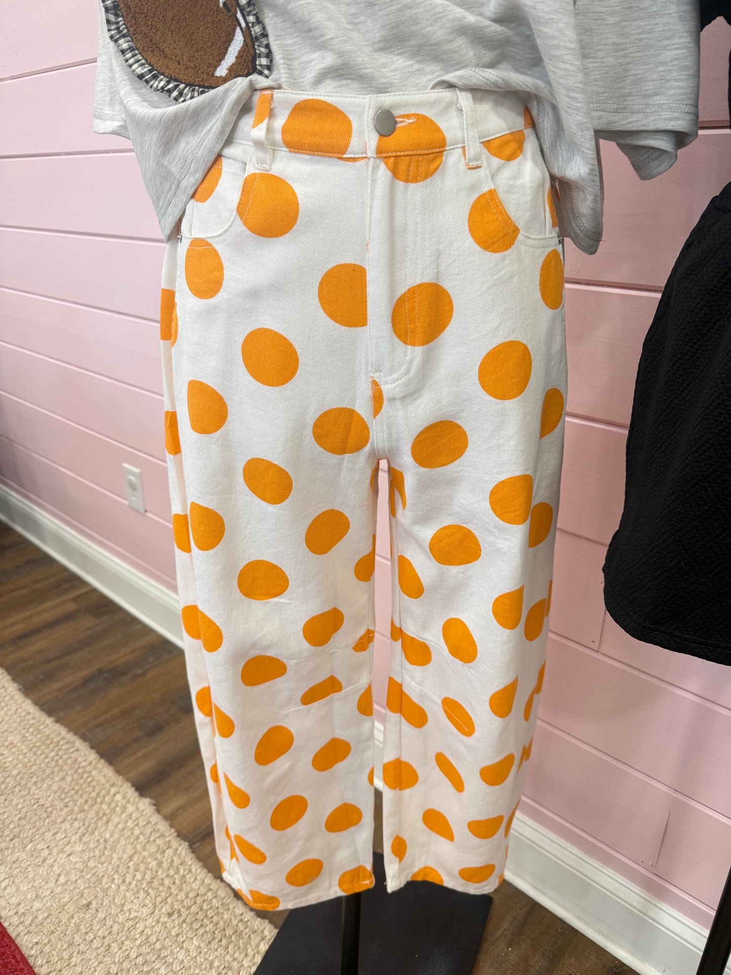 Oddi- Orange Polka Dot Barrel Jeans