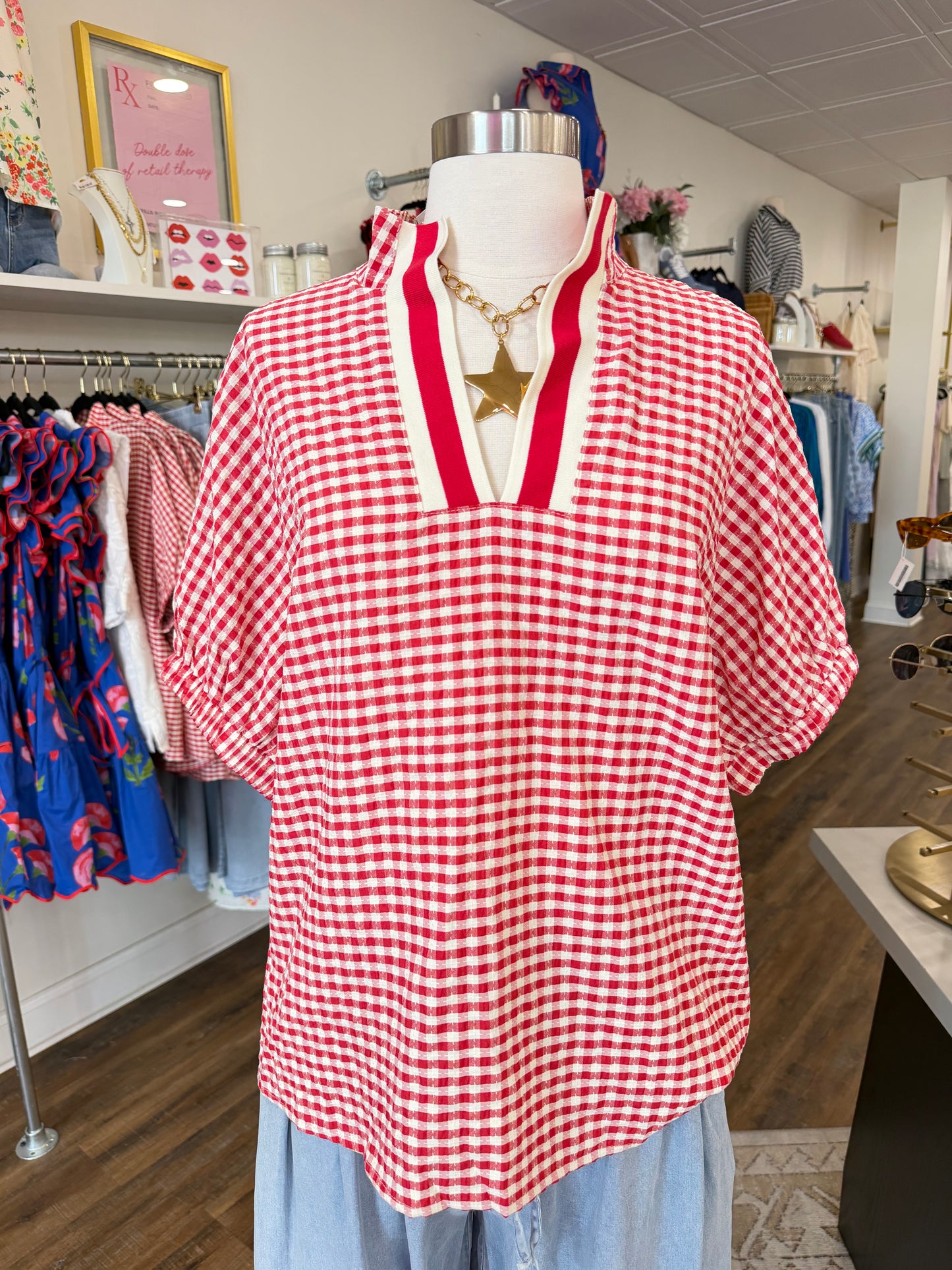 LDC Red Plaid Colorblock Blouse