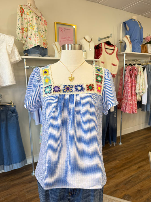 LDC Stripe Ruffle Short Sleeve Top