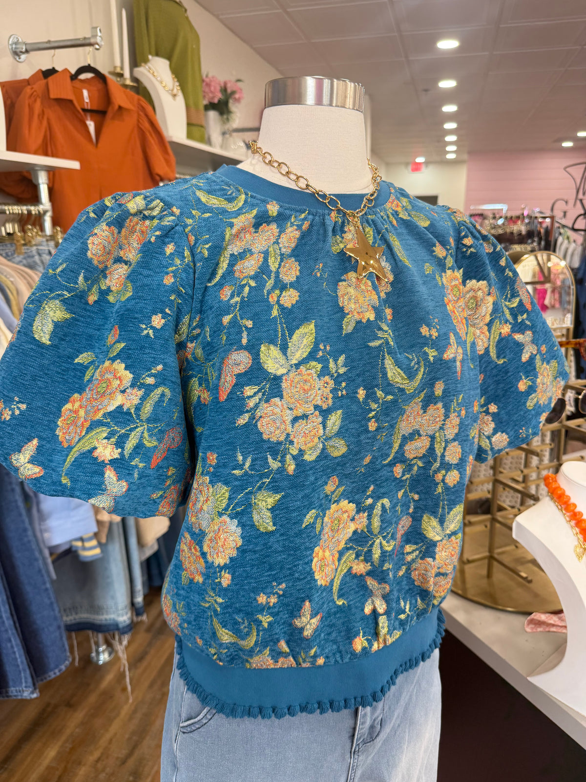 VOY- Blue Floral Jacquard Top