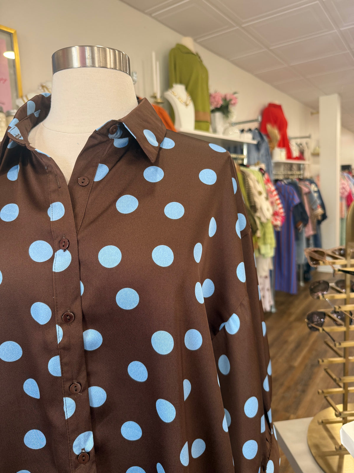 Glam- Brown & Blue Polka Dot Oversized Top