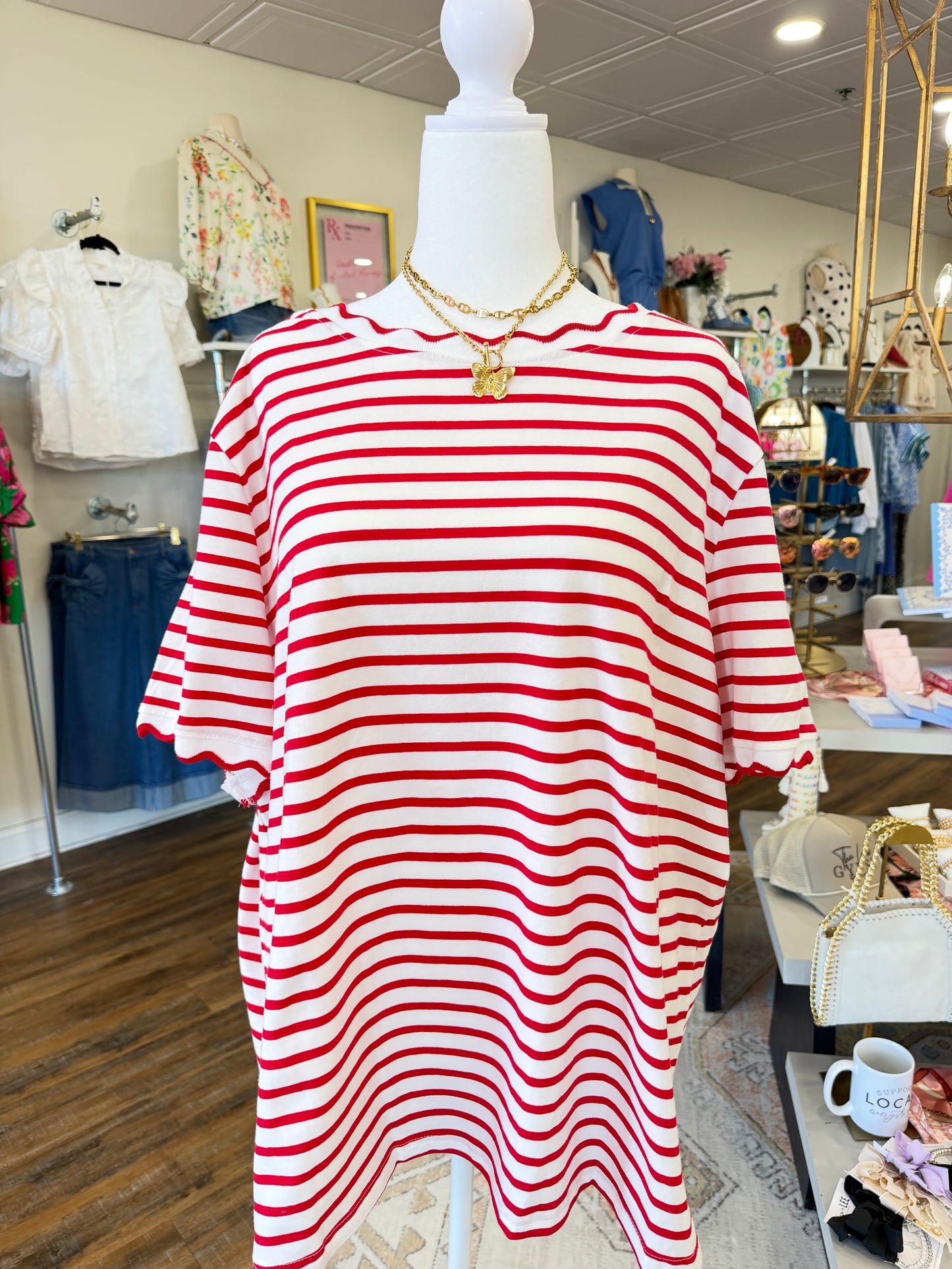 66 DISCO Red Striped Scalloped Top