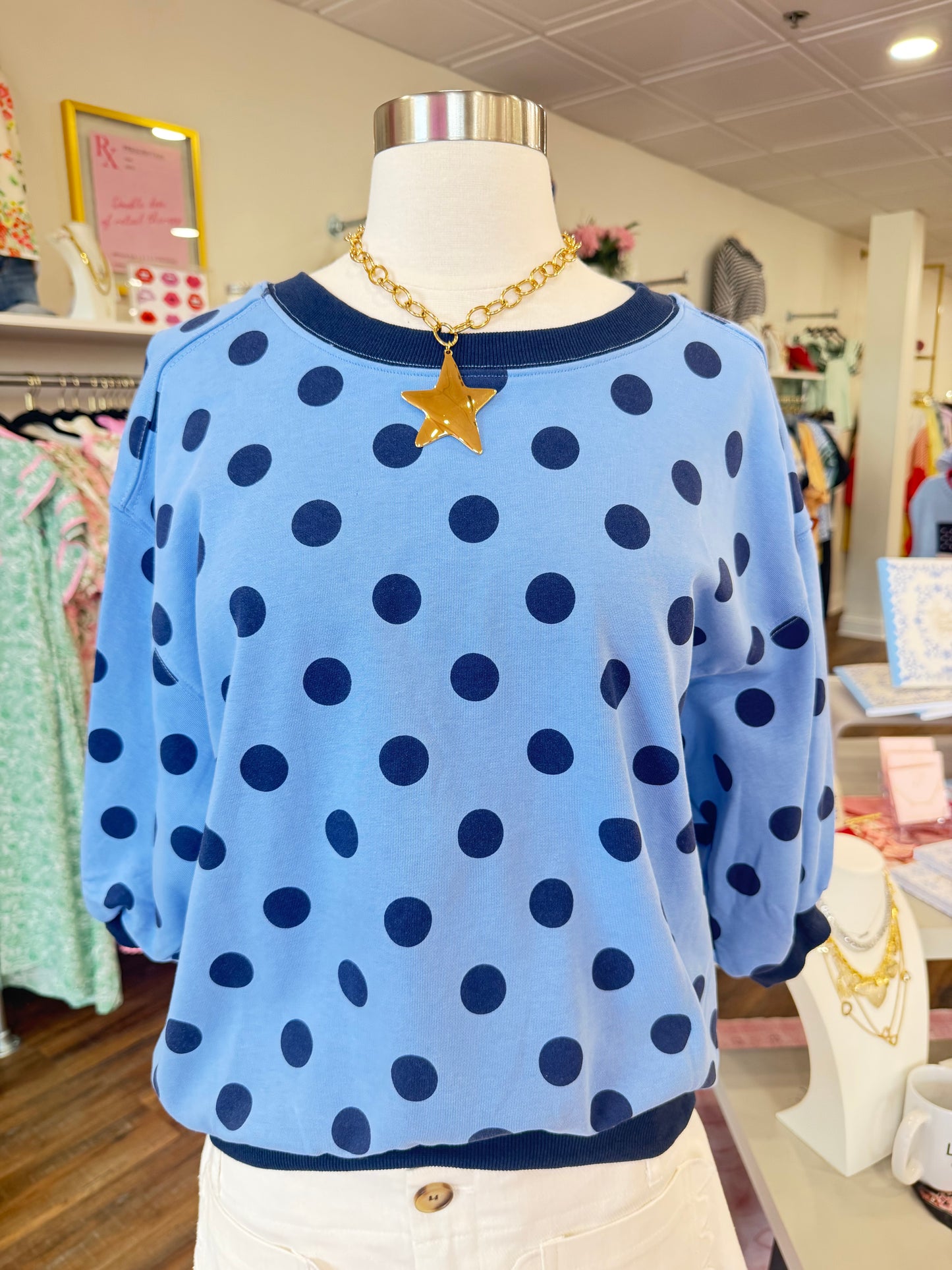 Glam- Blue Polka Dot Top