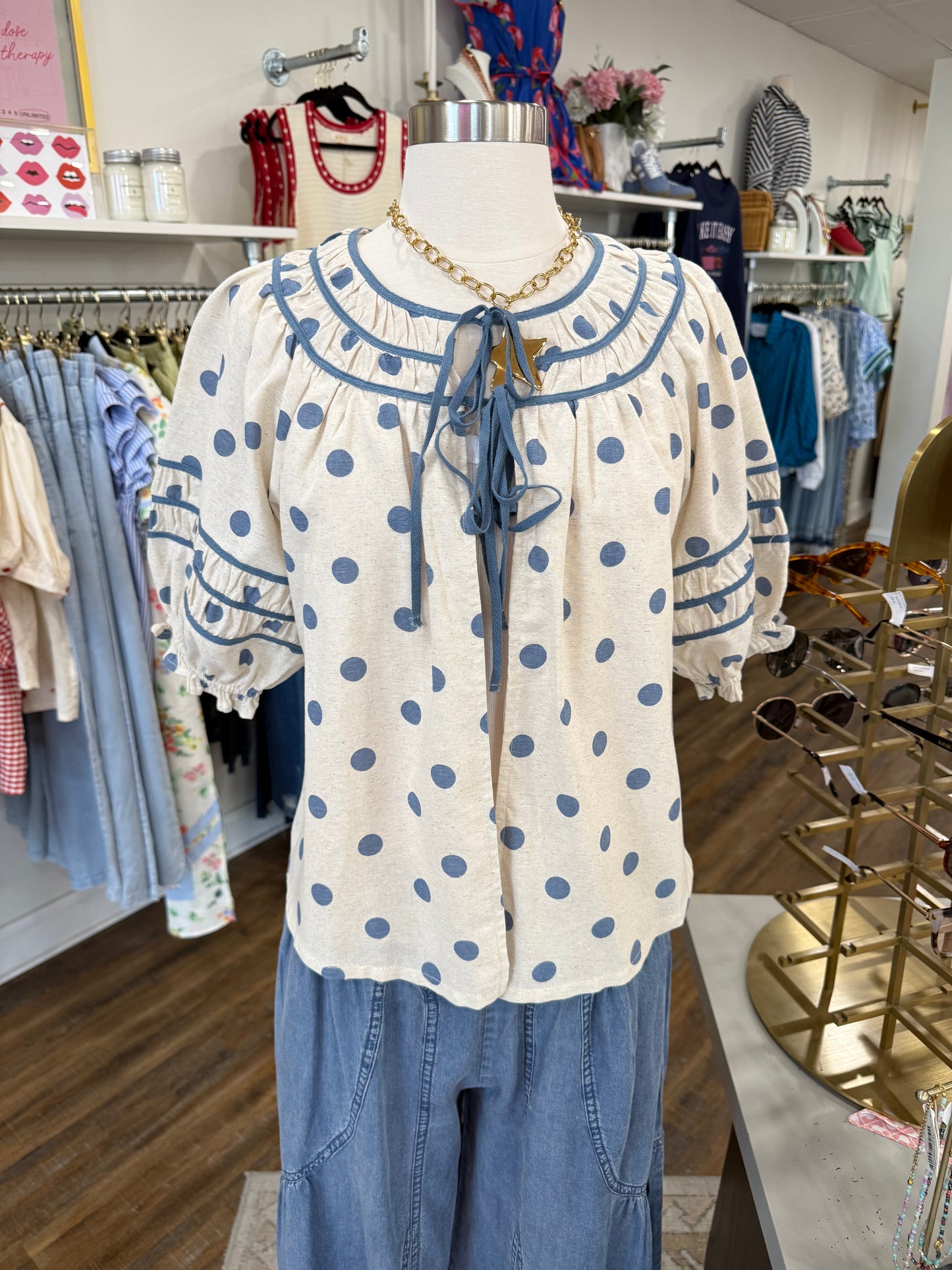 Listicle- Dusty Blue Polka Dot Tie Top