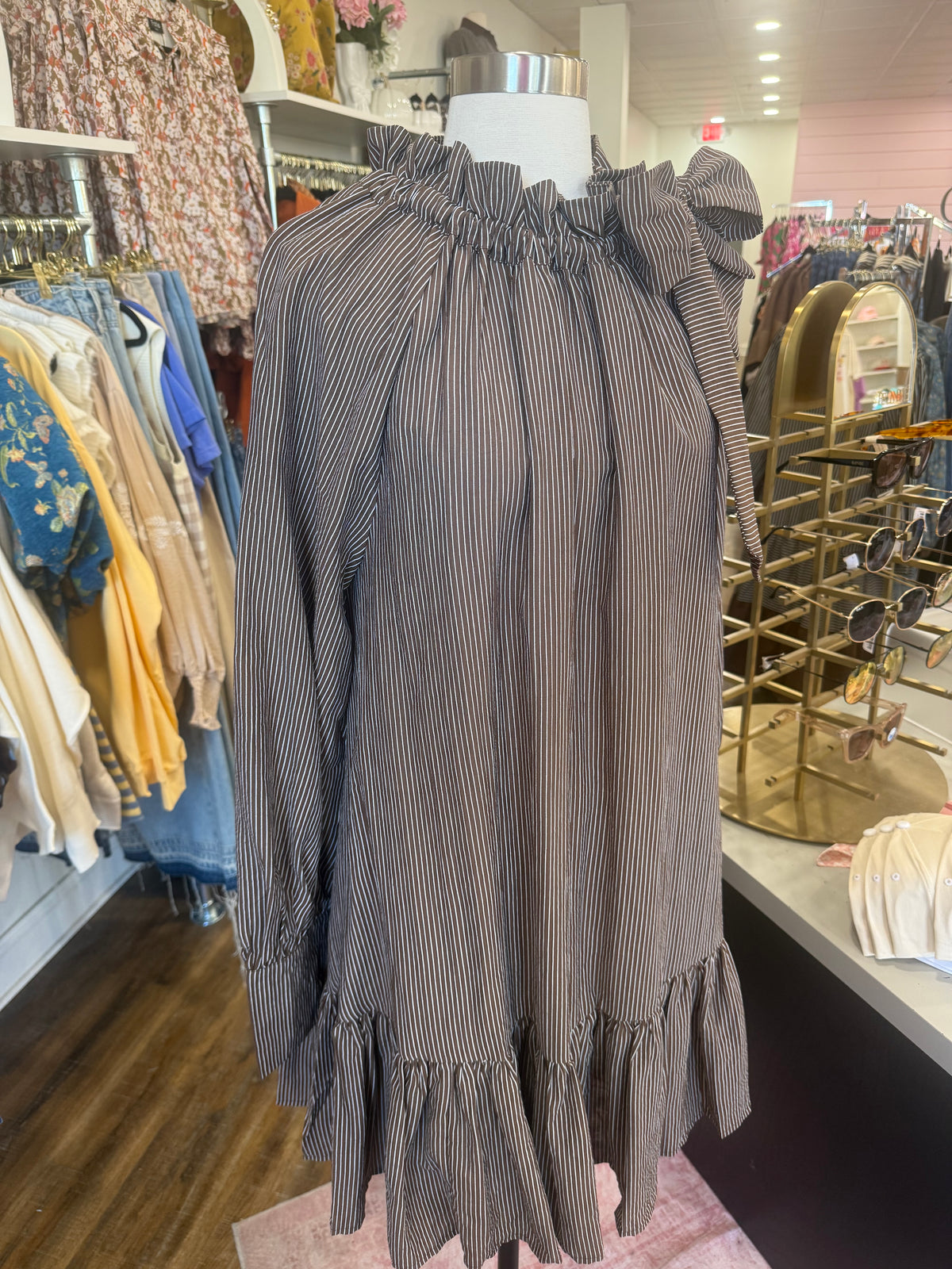 Glam- Brown Ruffle Neck Mini Dress