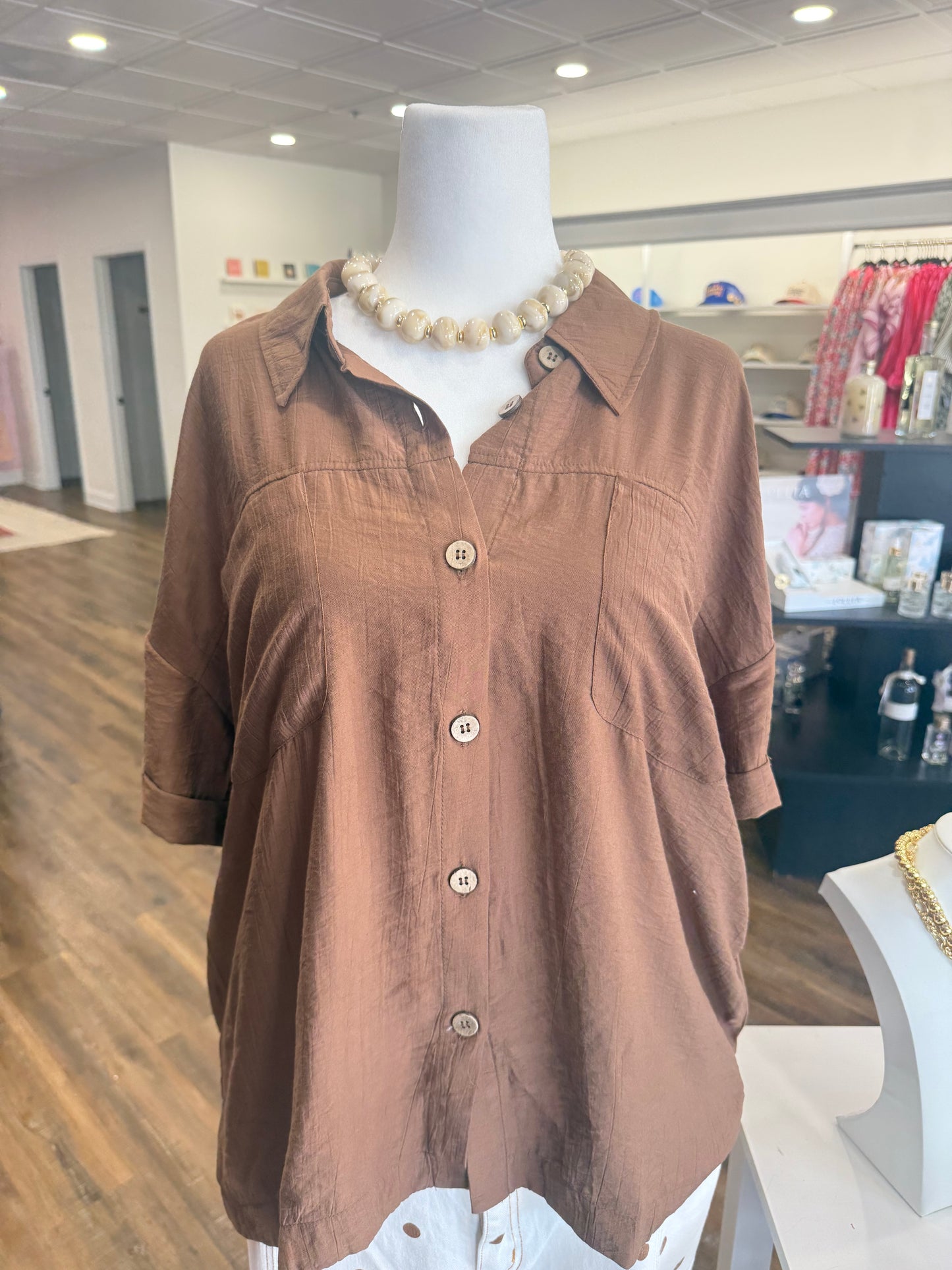BP- Plus Brown Collared Top