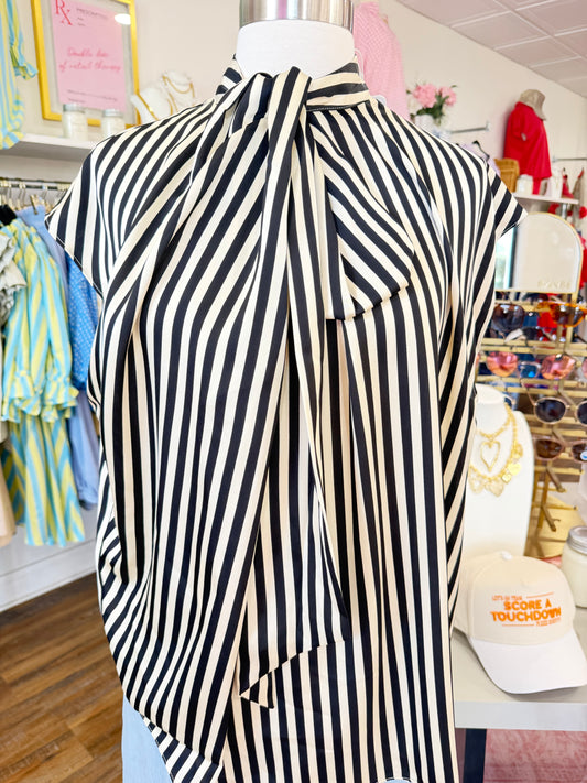 Glam- Black Stripe Neck Tie Top
