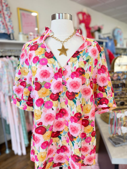 1W- Plus Pink Floral Frilled Top