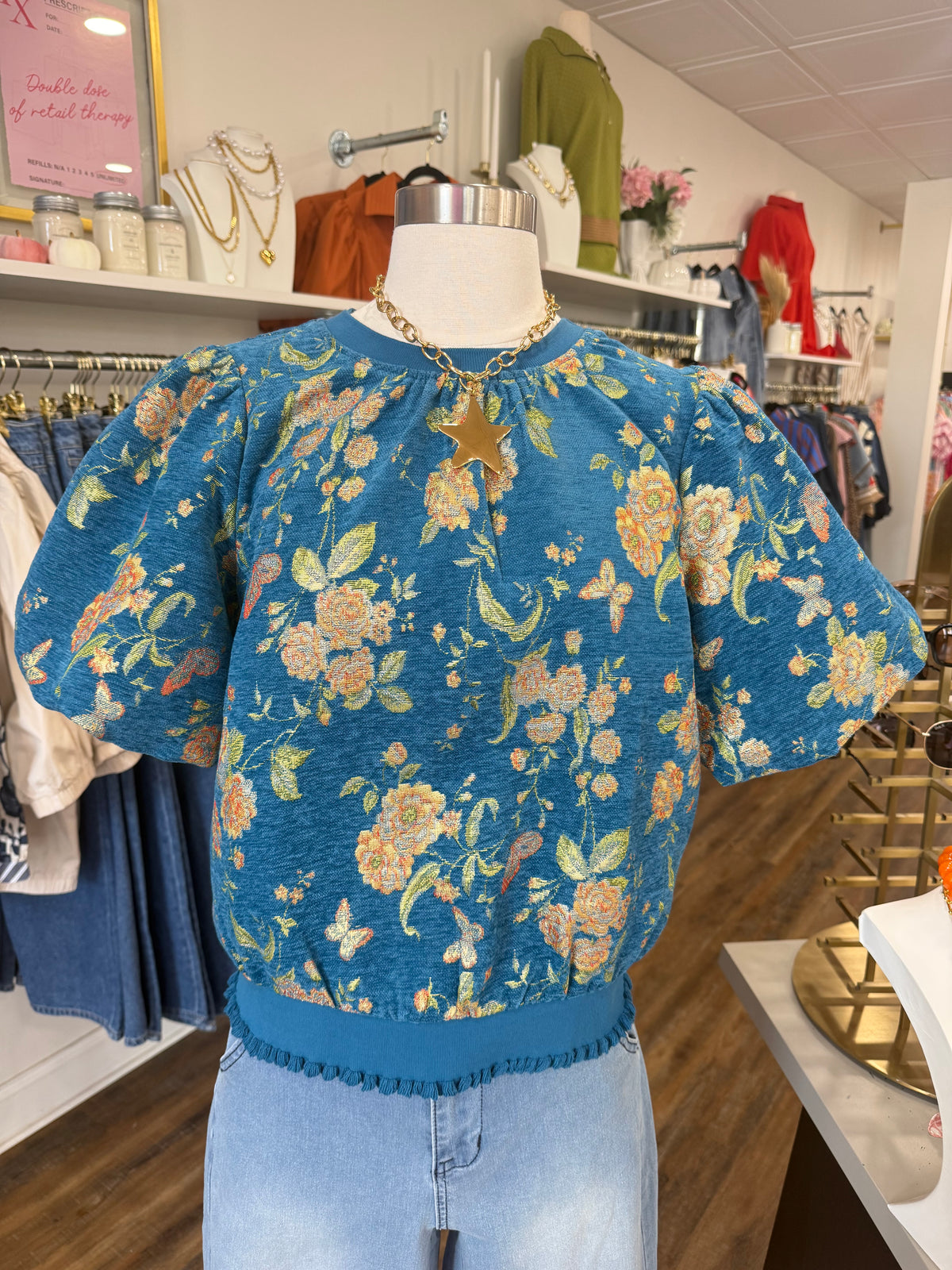 VOY- Blue Floral Jacquard Top