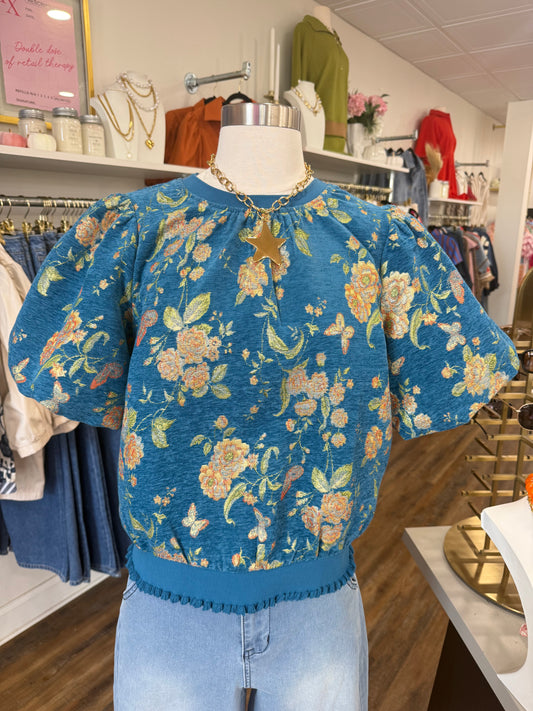 VOY- Blue Floral Jacquard Top