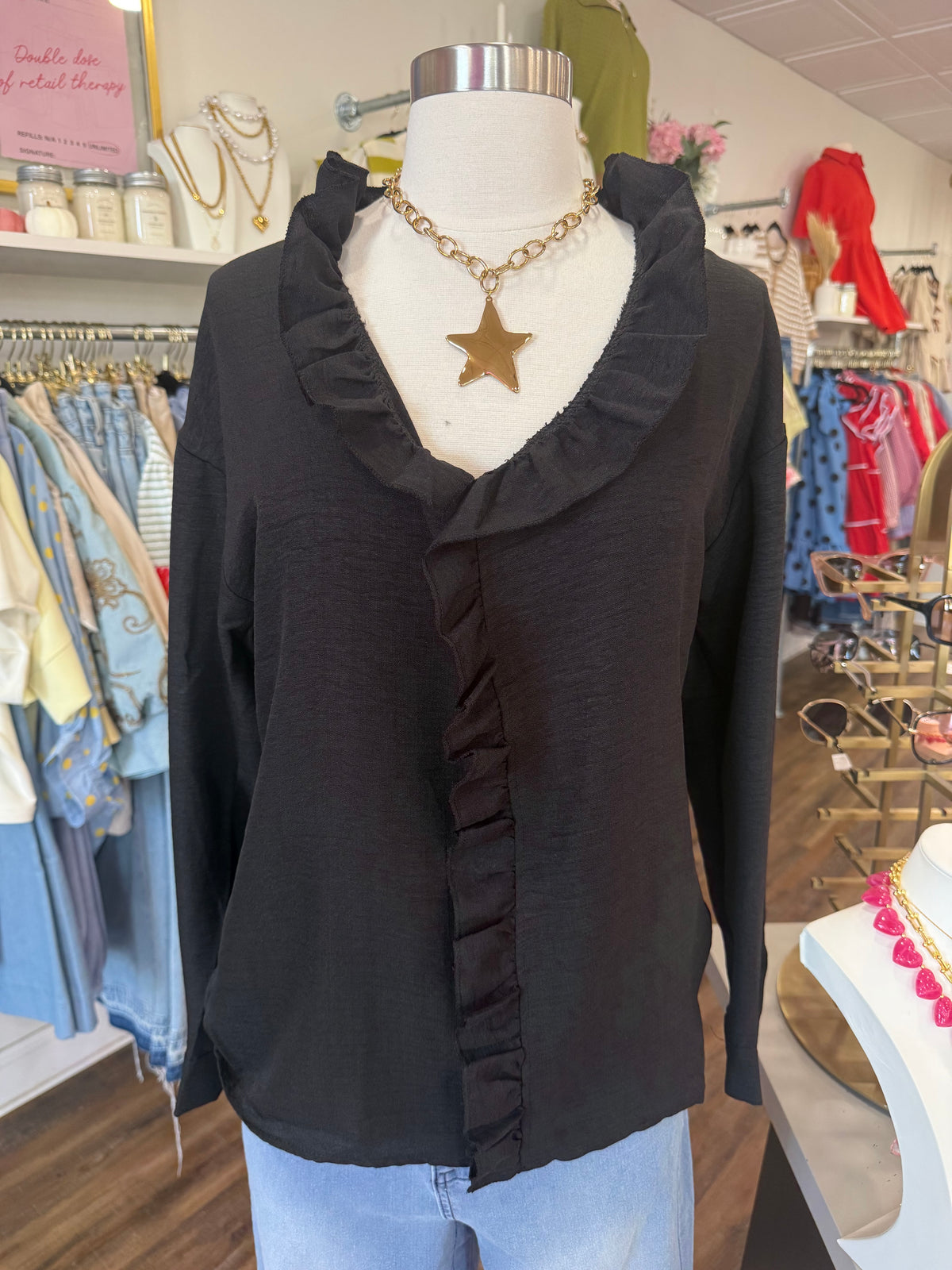 LS- Black Ruffle Top