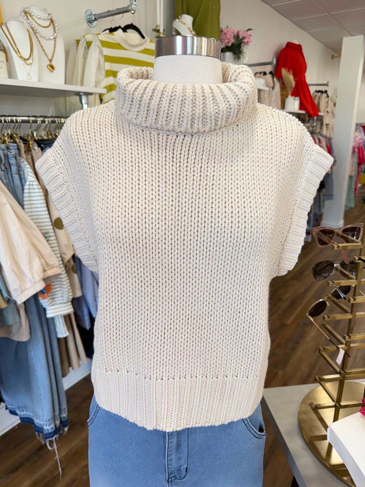 D+M- Ecru Sleeveless Turtleneck Top