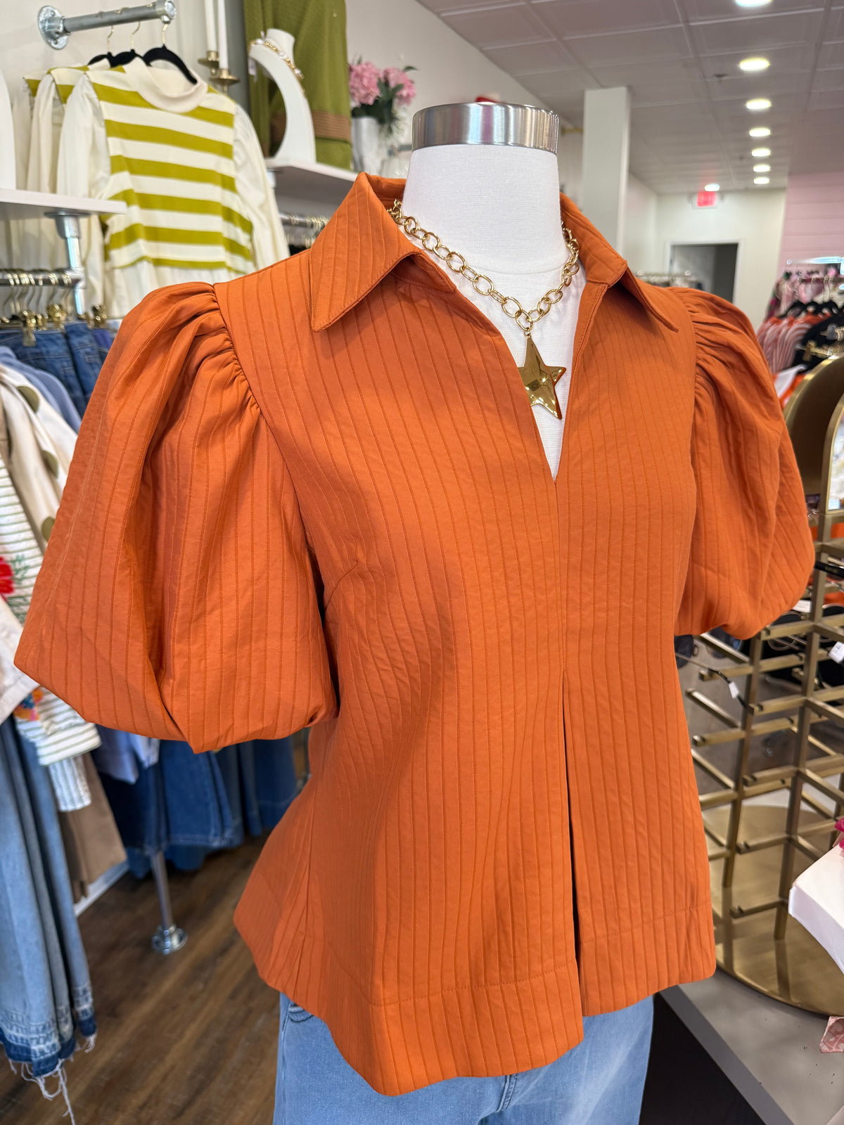 Glam- Rust Puff Sleeve Pleated Top