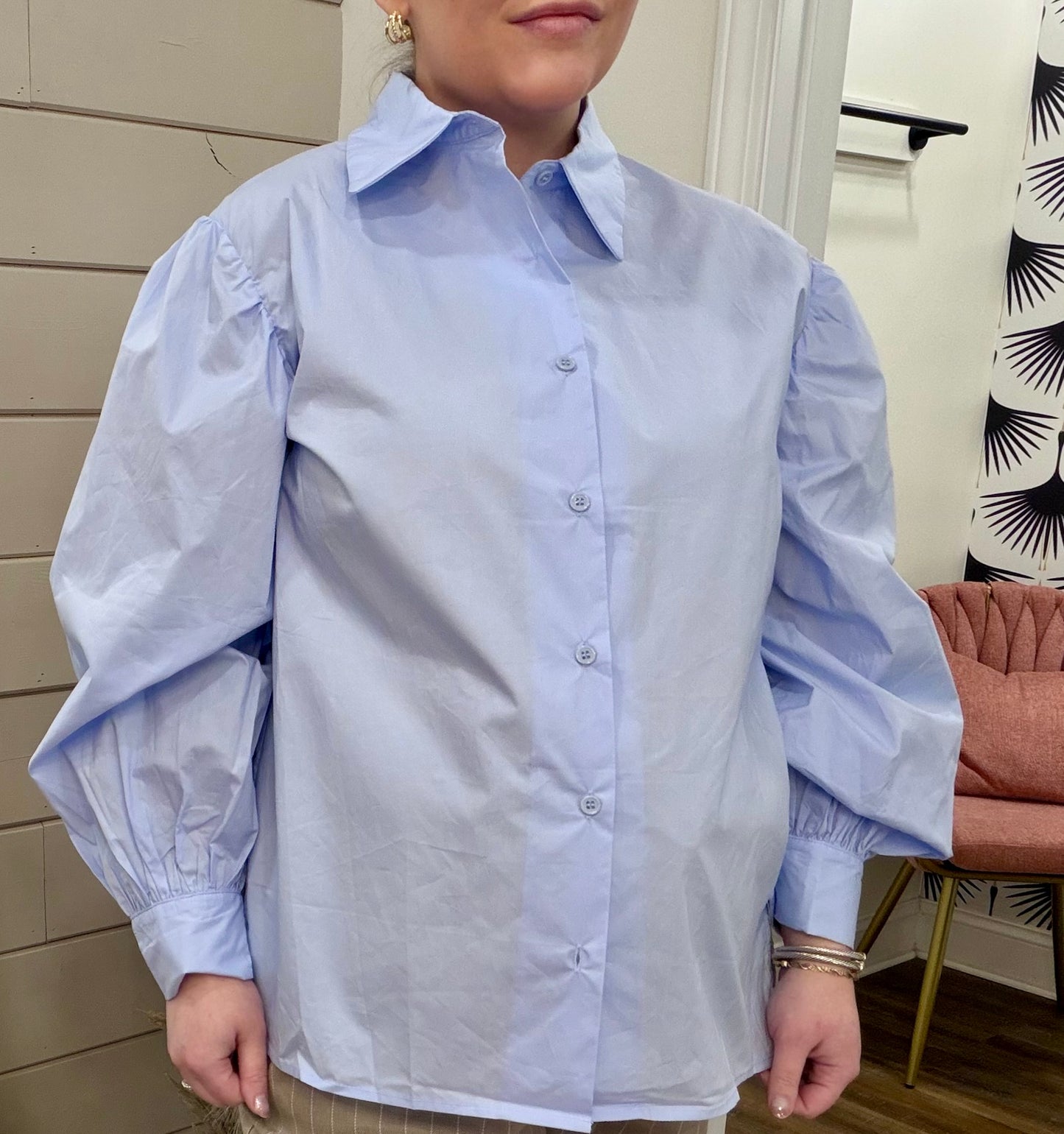 Blue Oxford Puff Sleeve Blouse