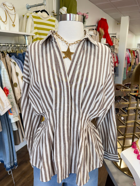 S+S- Brown Pintuck Button Down Top