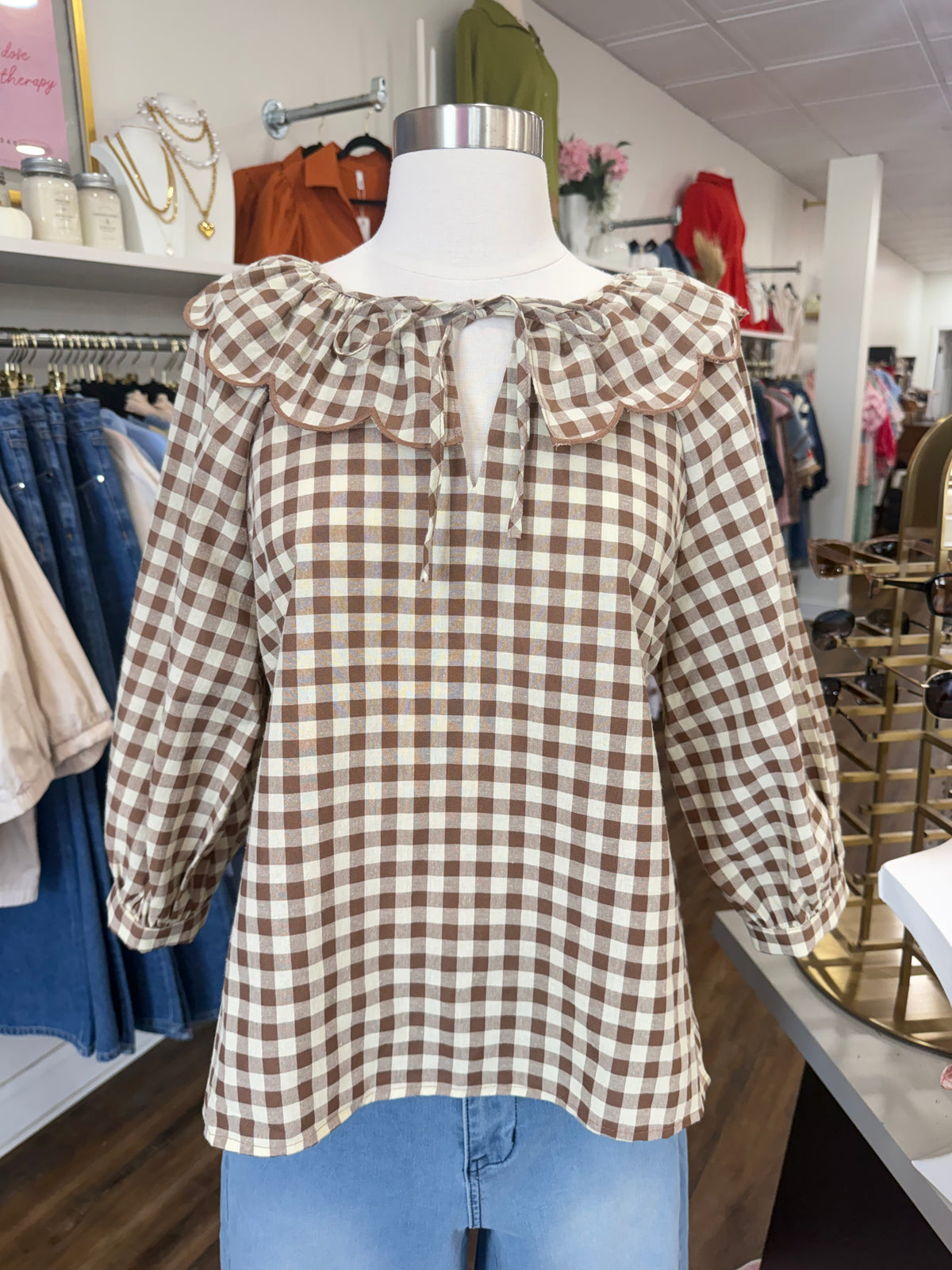 D+M- Brown Gingham Scalloped Collar Top