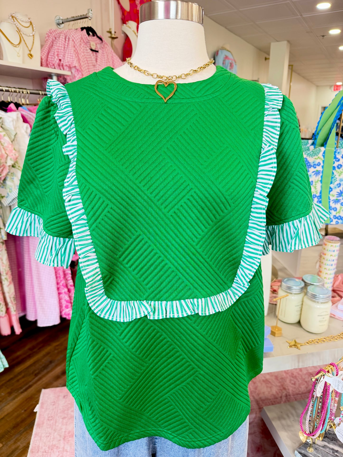 VOY- Green Striped Quilted Top