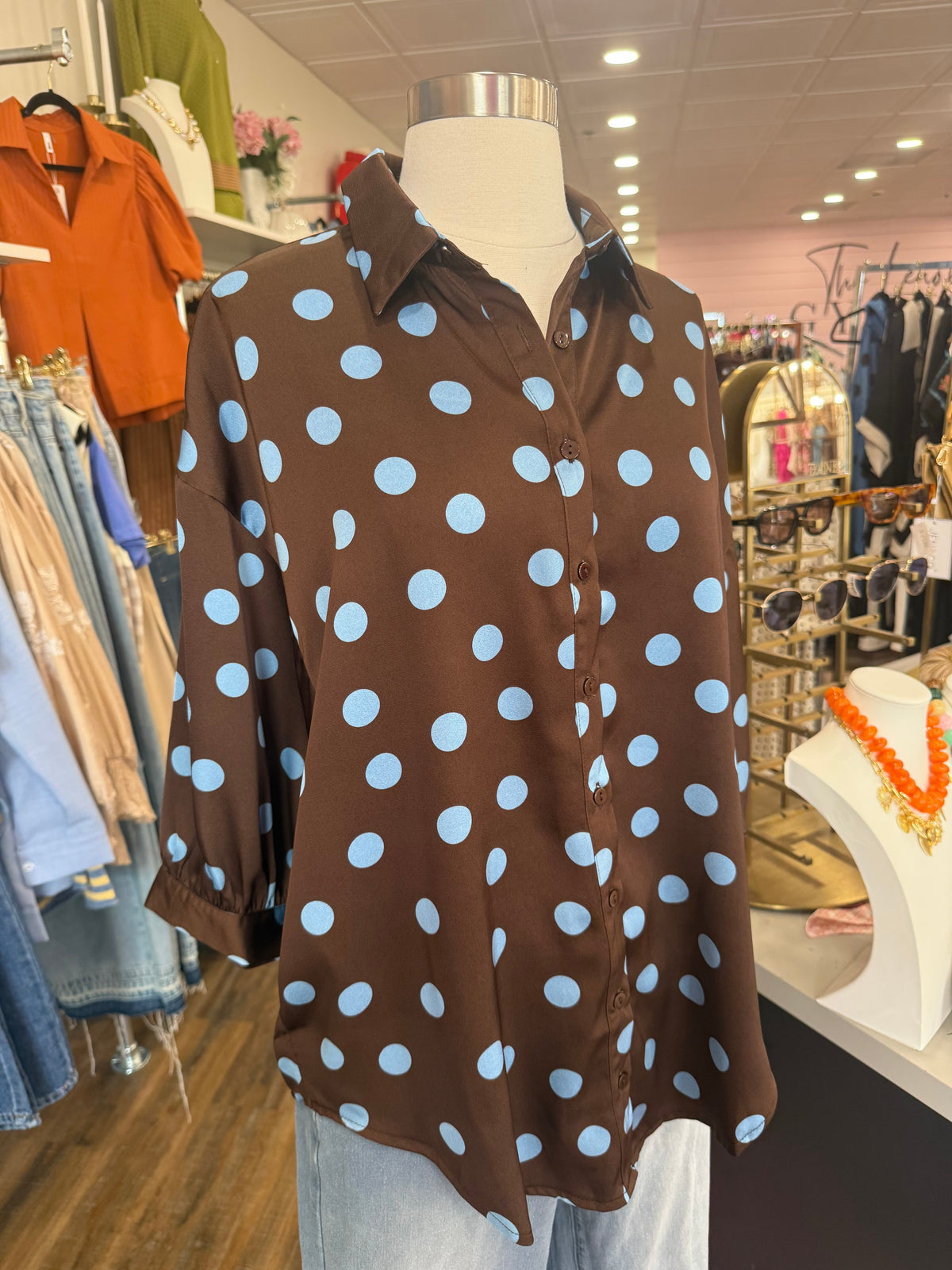 Glam- Brown & Blue Polka Dot Oversized Top