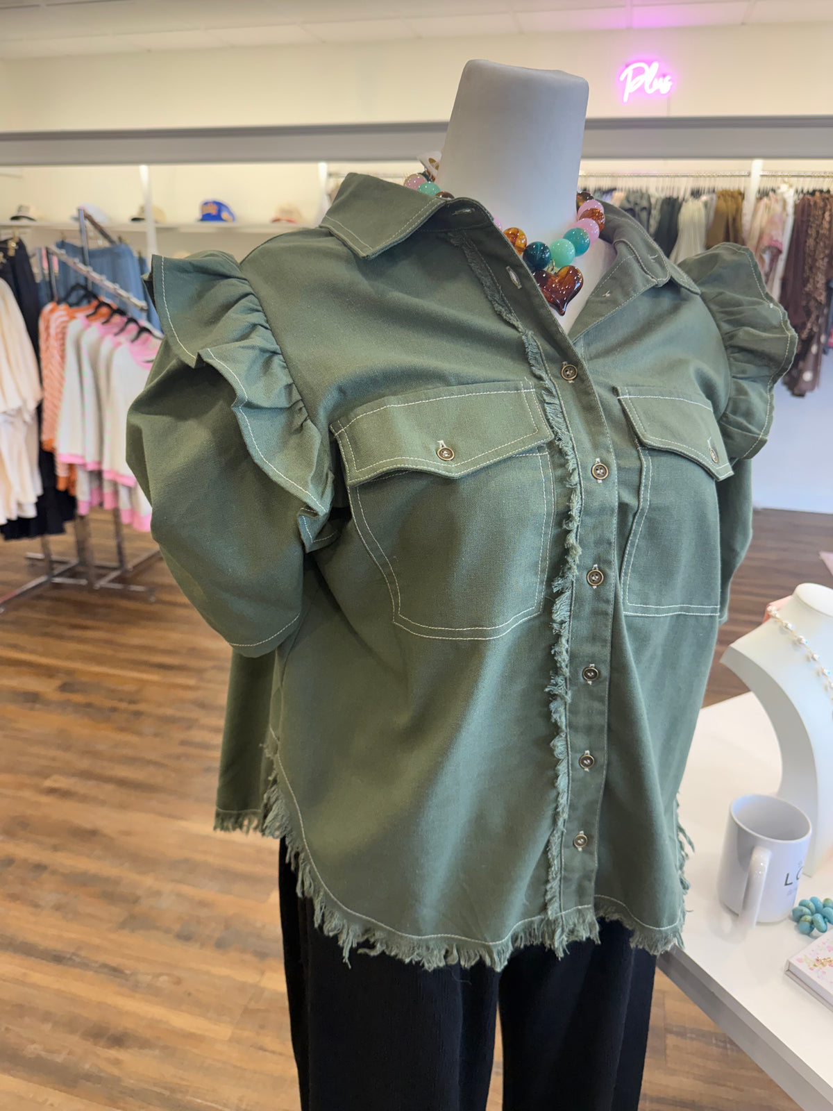GI- Plus Olive Linen Button Up Top