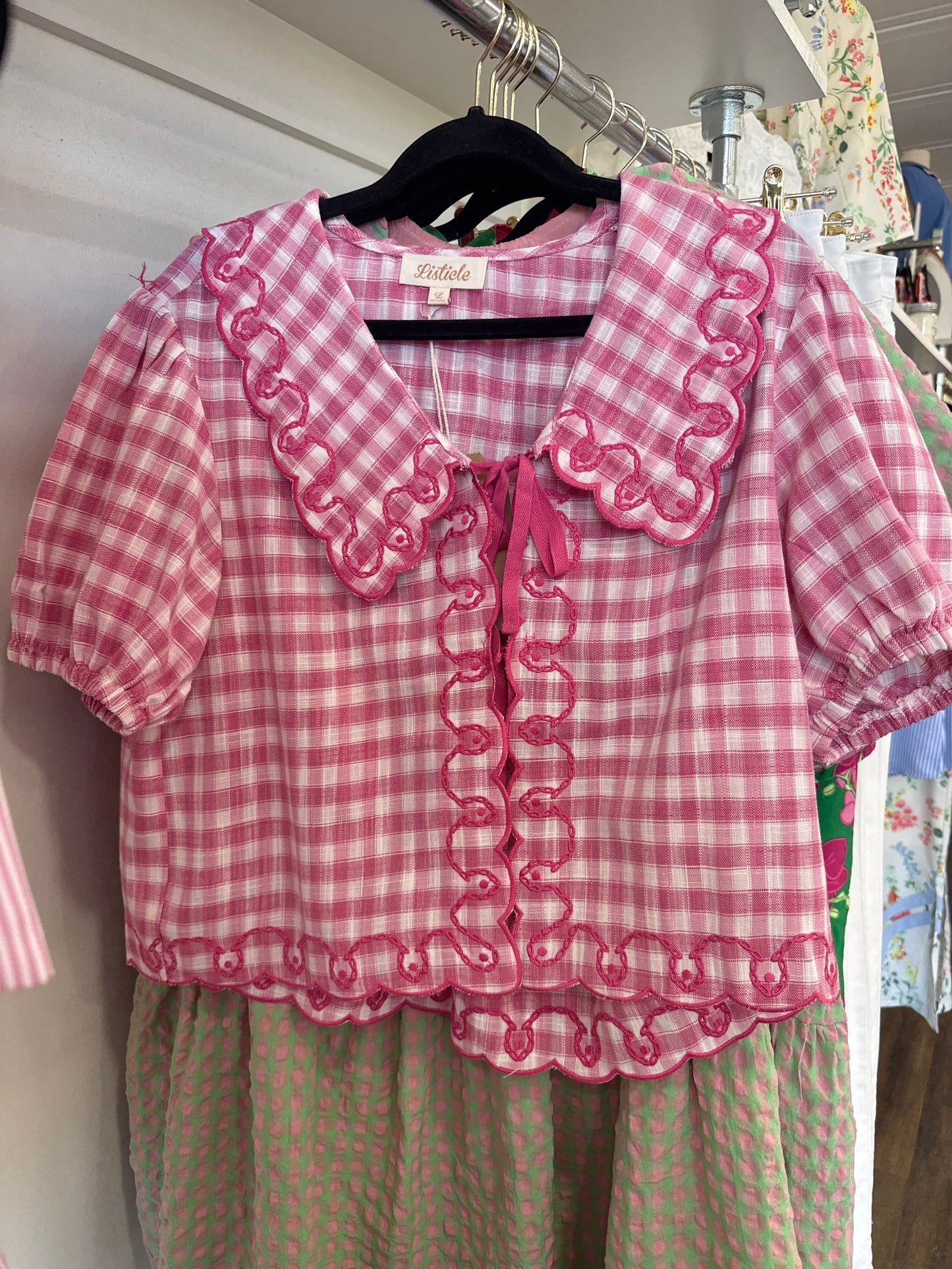Listicle- Gingham Emb Tie- Front Blouse