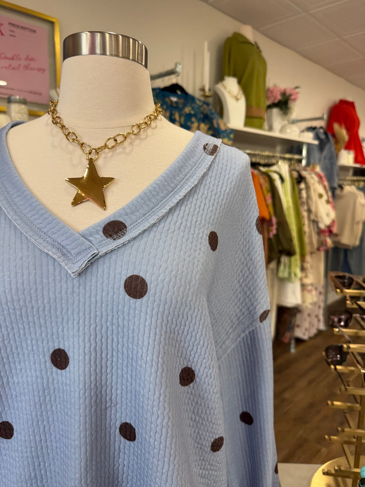 BP- Light Blue Polka Dot V-Neck Top