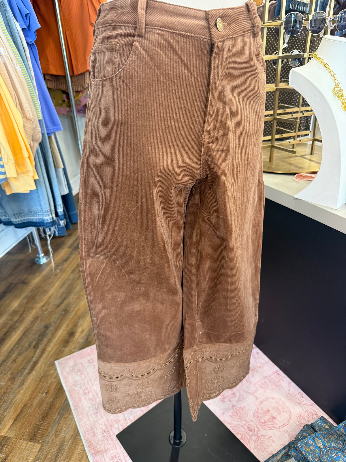 ES- Brown Corduroy Eyelet Hem Pants