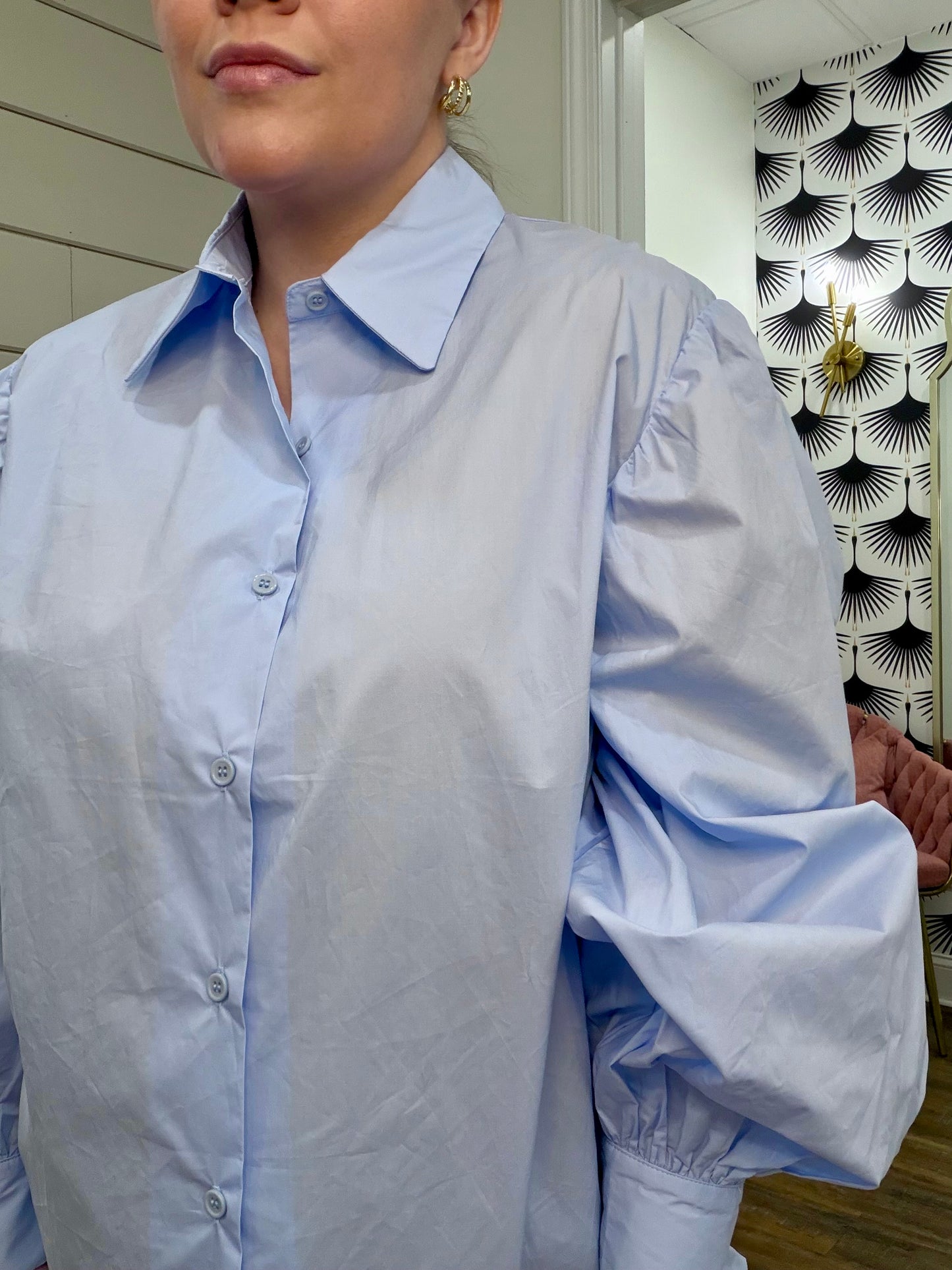 Blue Oxford Puff Sleeve Blouse