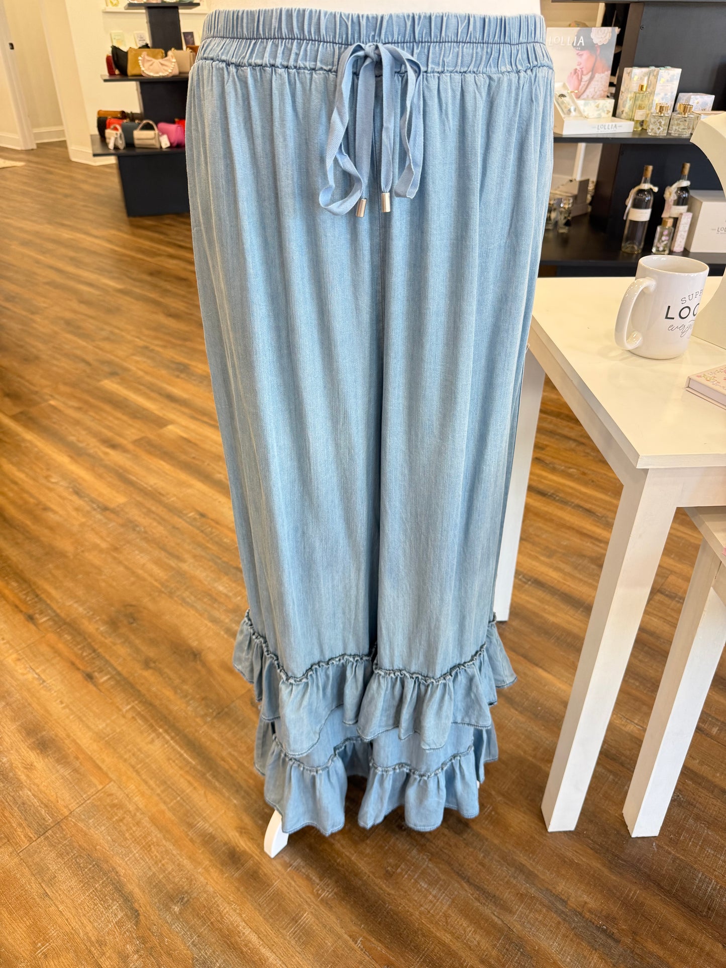 Oddi- Plus Washed Chambray Ruffle Pants