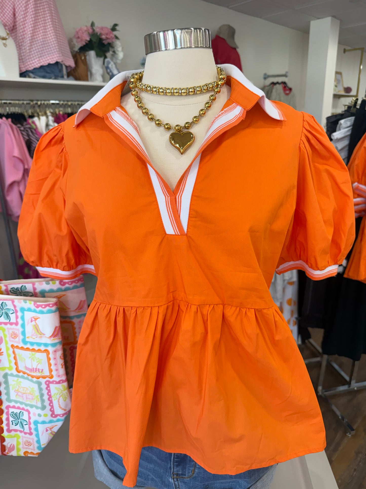 S+S- Orange Rib Band Collar Top