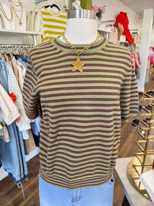 S+S- Olive & Brown Stripe Sweater Top