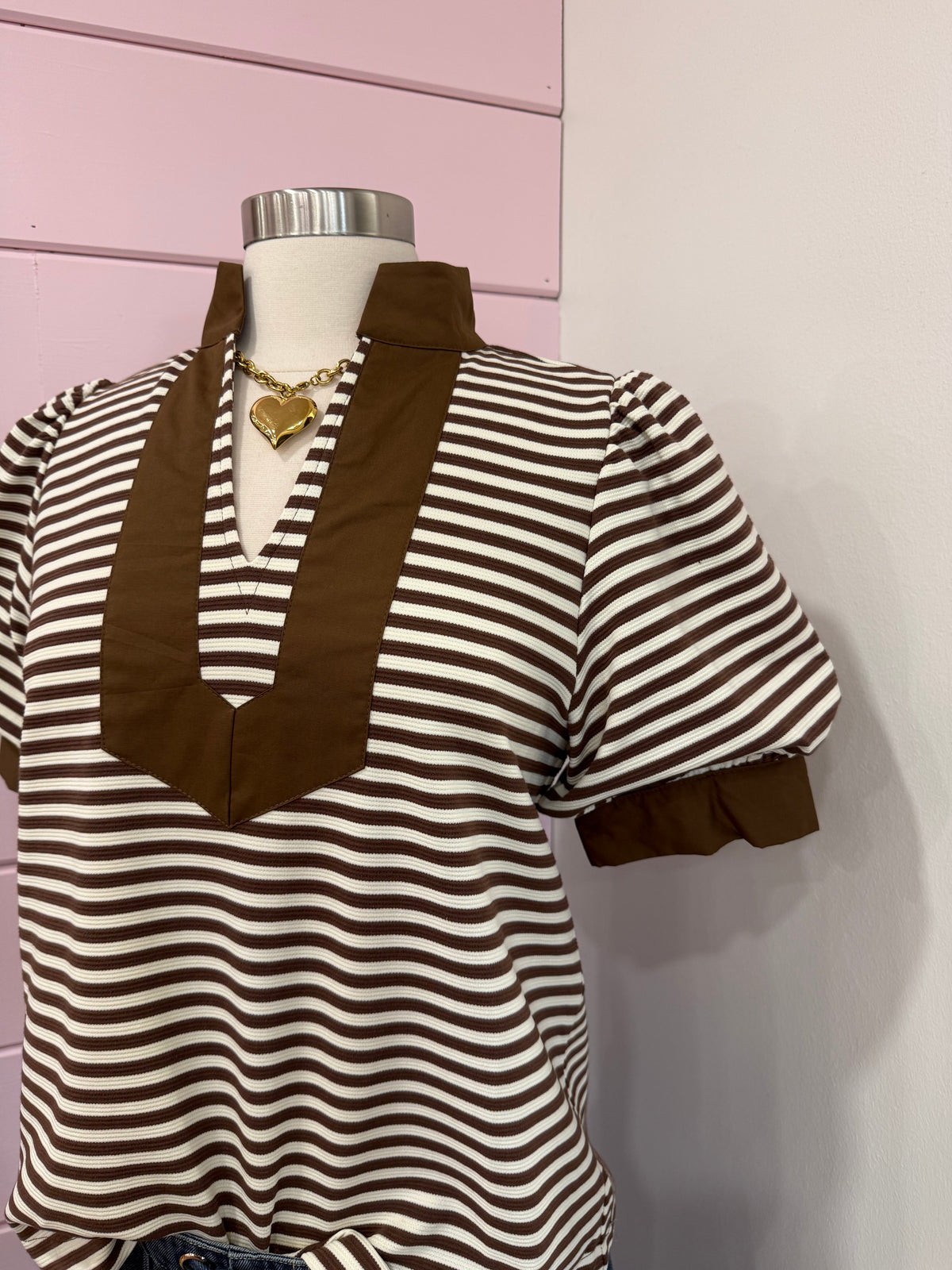 Jodifl- Brown Stripe Puff Sleeve Top