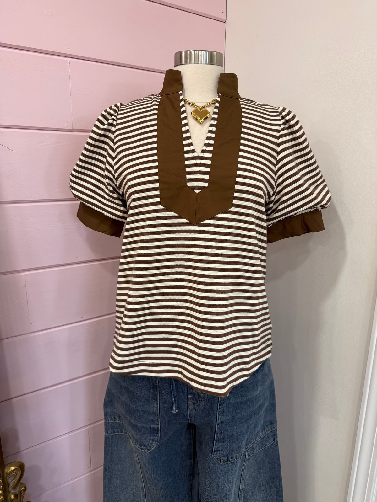 Jodifl- Brown Stripe Puff Sleeve Top