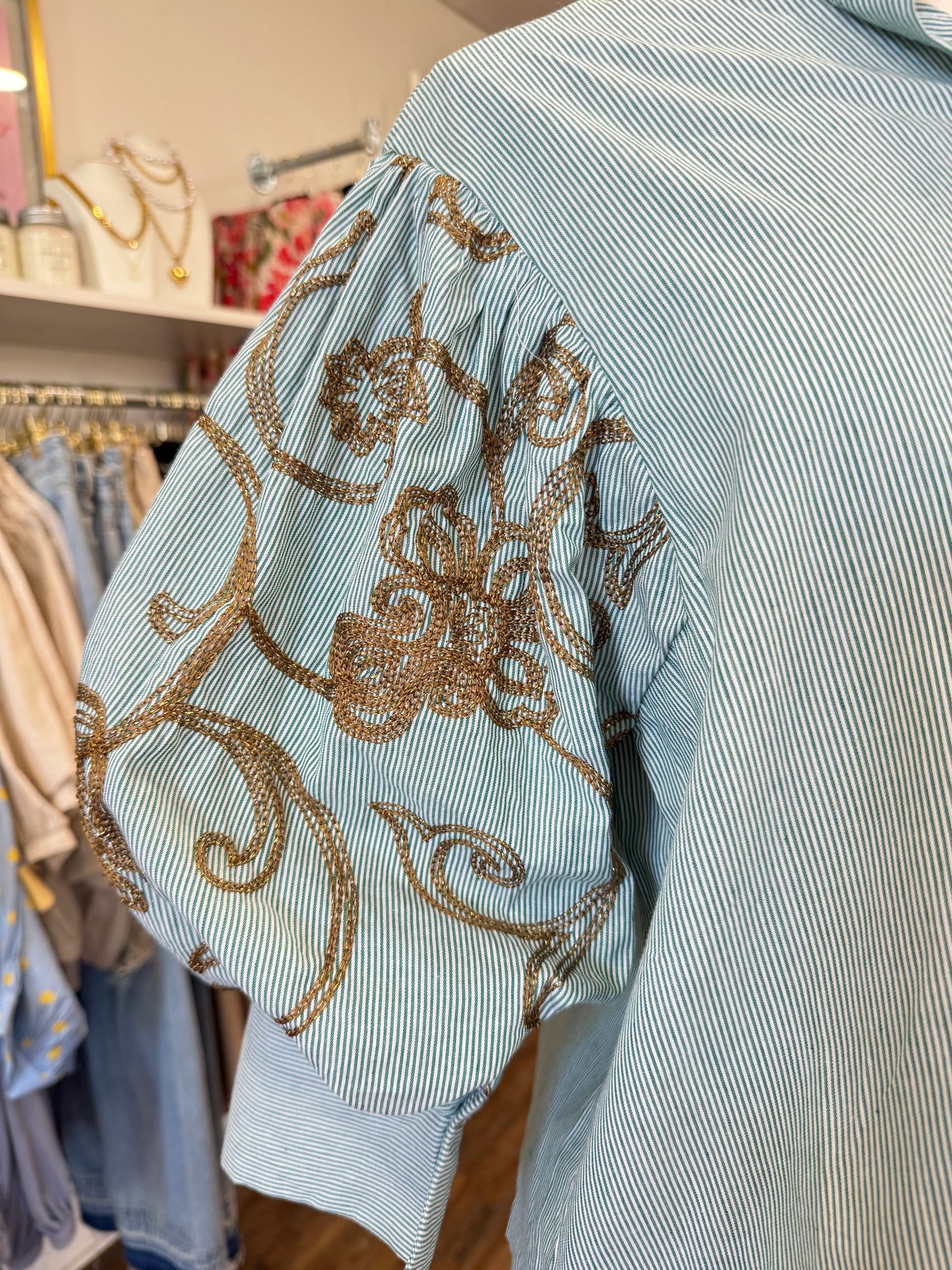 Glam- Green Embroidered Puff Sleeve Top