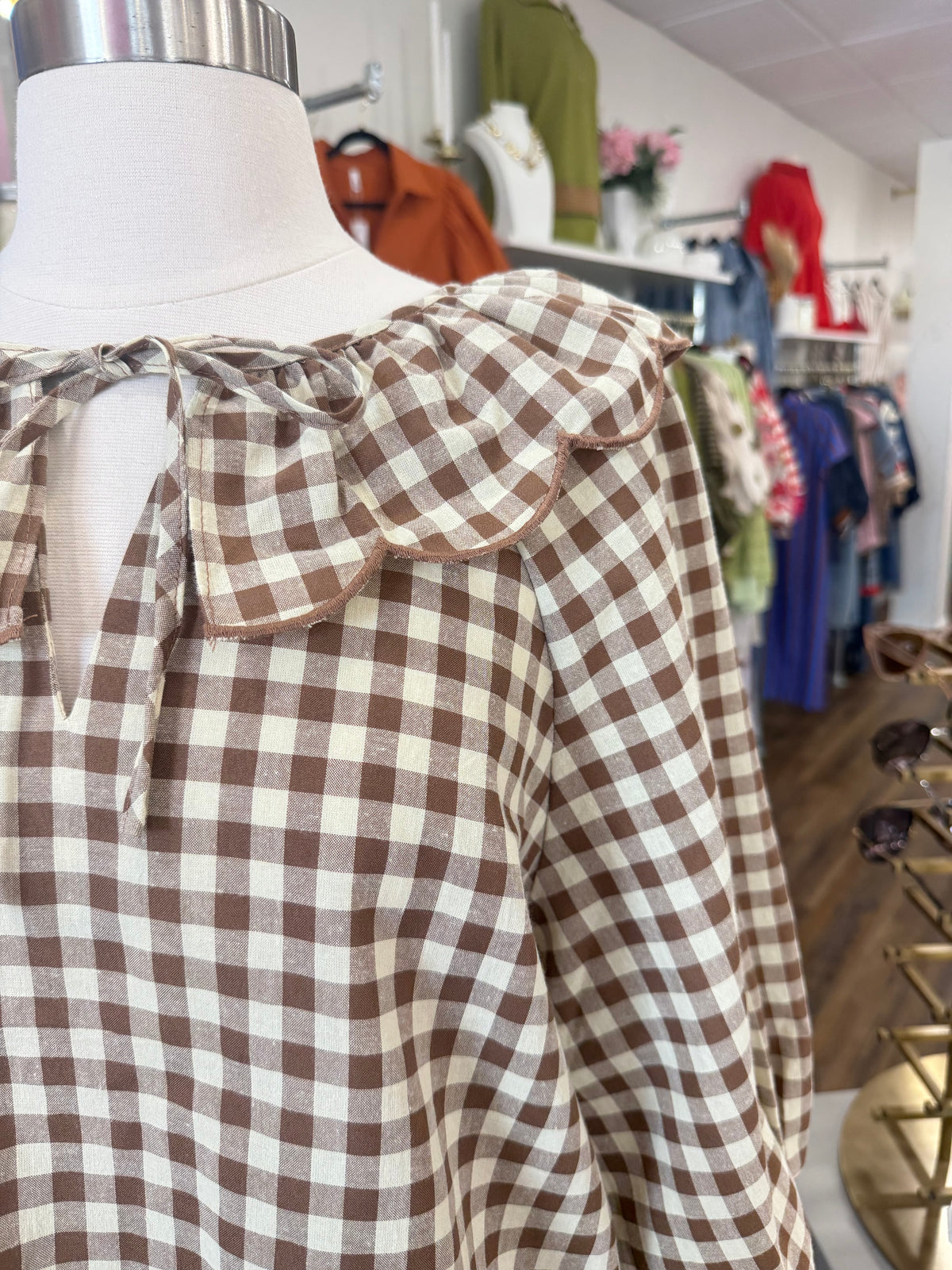 D+M- Brown Gingham Scalloped Collar Top