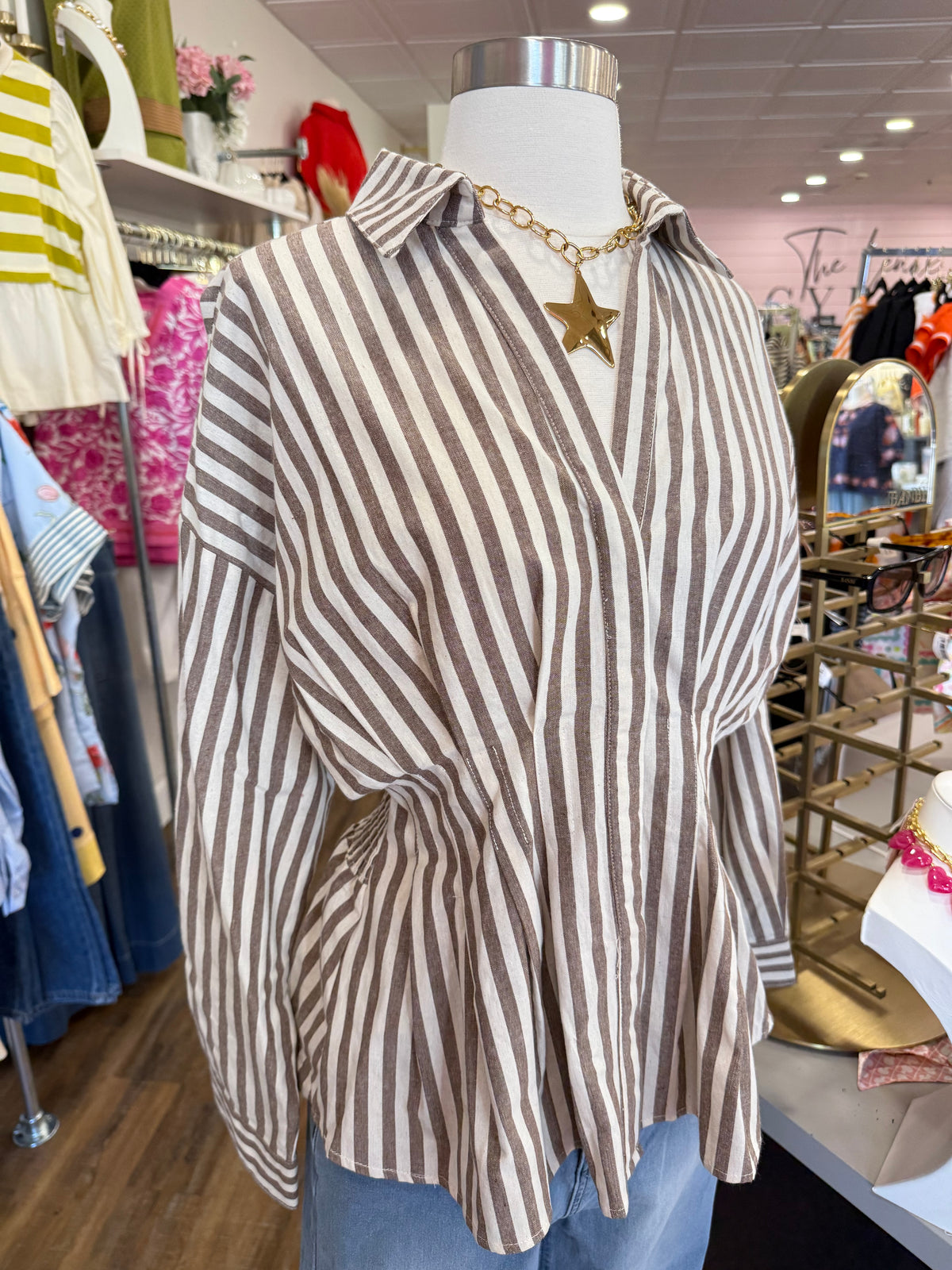 S+S- Brown Pintuck Button Down Top