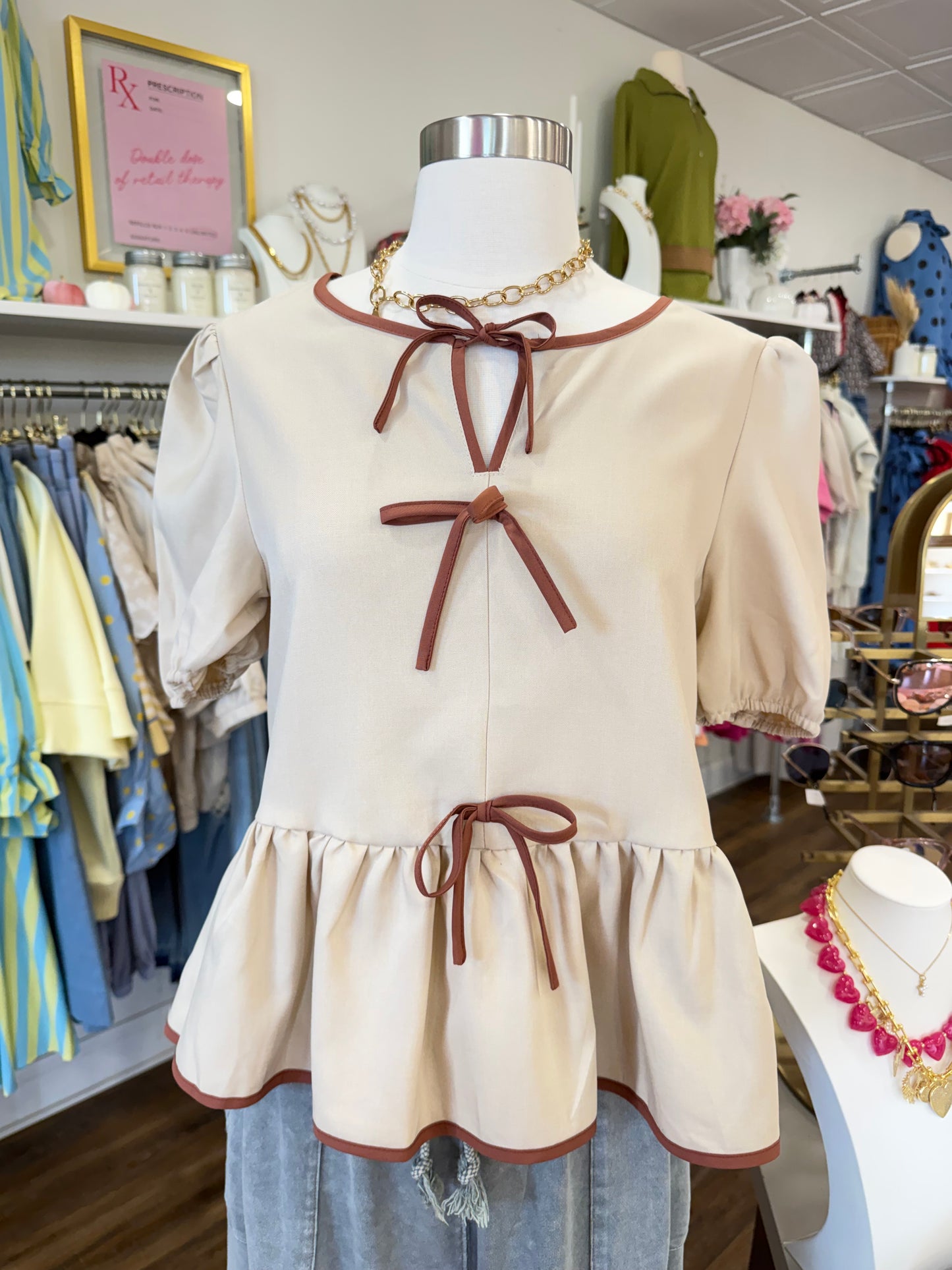 LS- Khaki Bow Puff Top